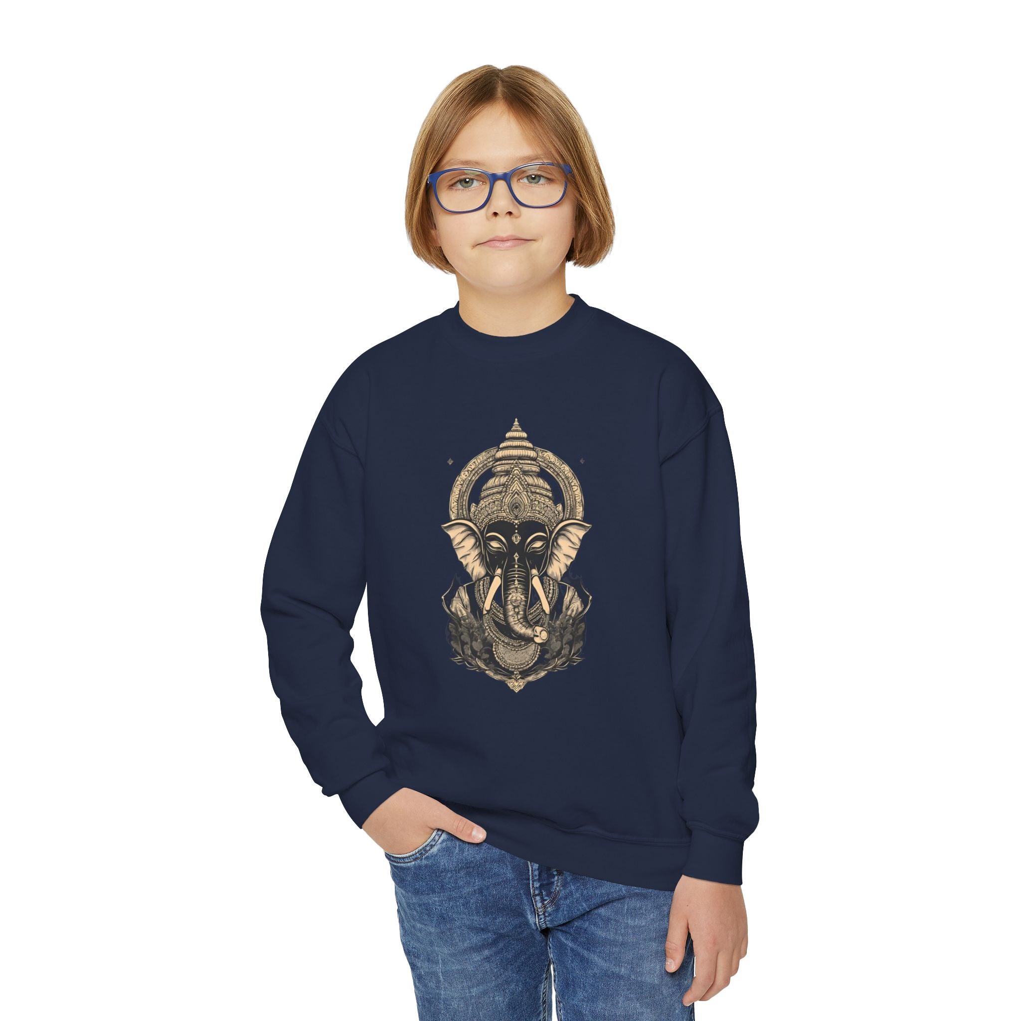 Ganesha Elephant Graphic Crewneck Sweatshirt — Youth Spiritual/Boho Kids Pullover