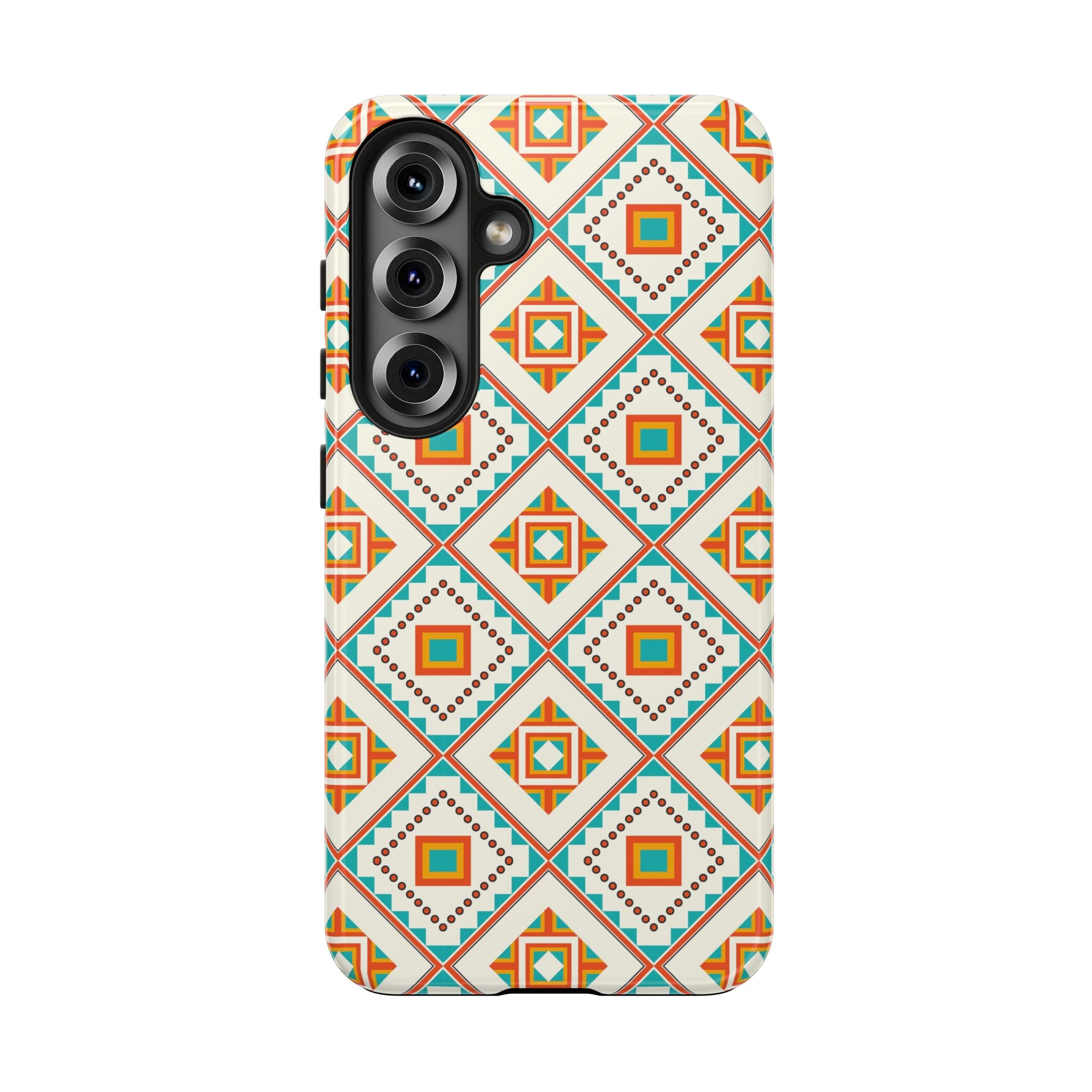 Tough Phone Case — Geometric Retro Tile Pattern, Orange & Teal Protective Cover