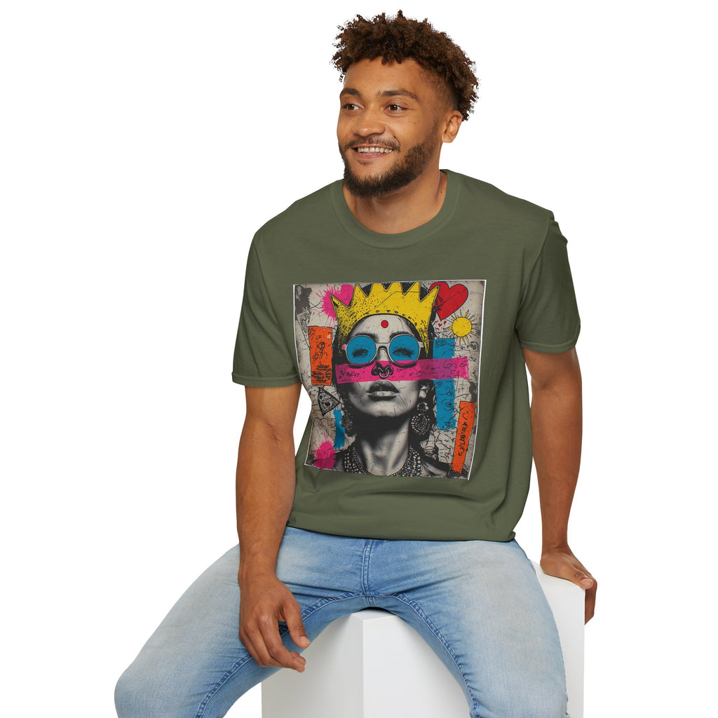 Abstract Pop Art Portrait T-Shirt — Neon Crown & Sunglasses Graphic