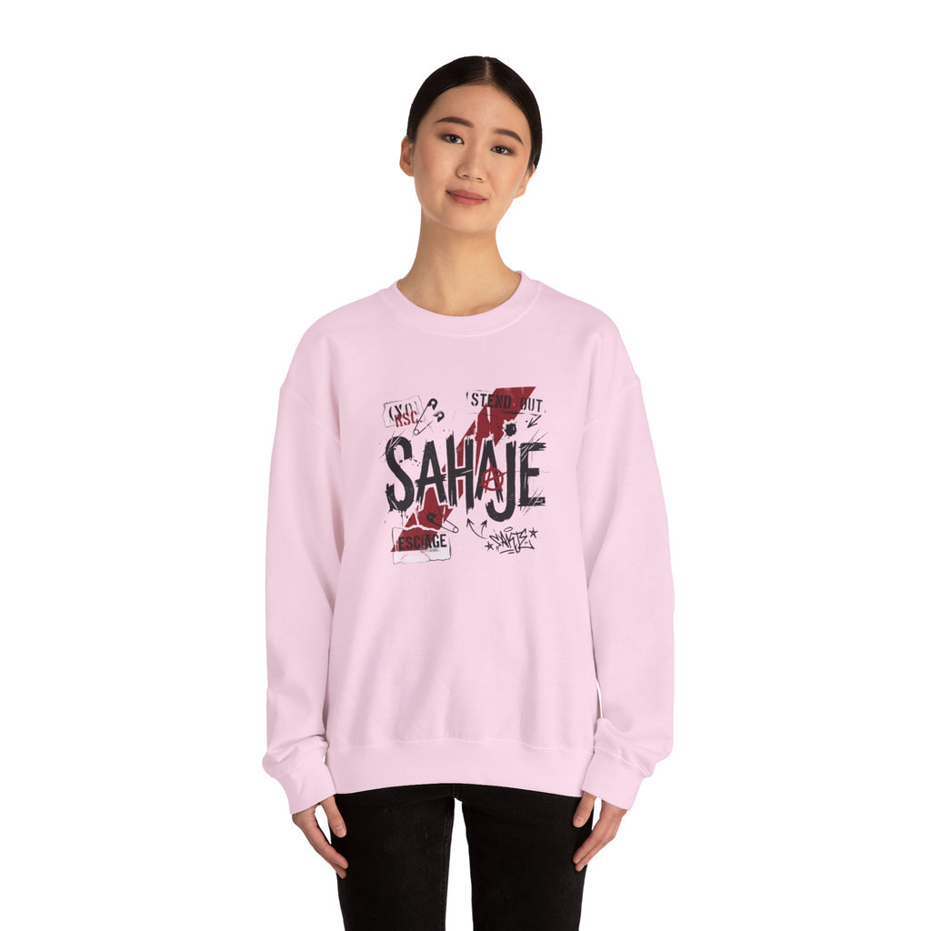 Crewneck Sweatshirt — 'Sahaje' Distressed Script Graphic