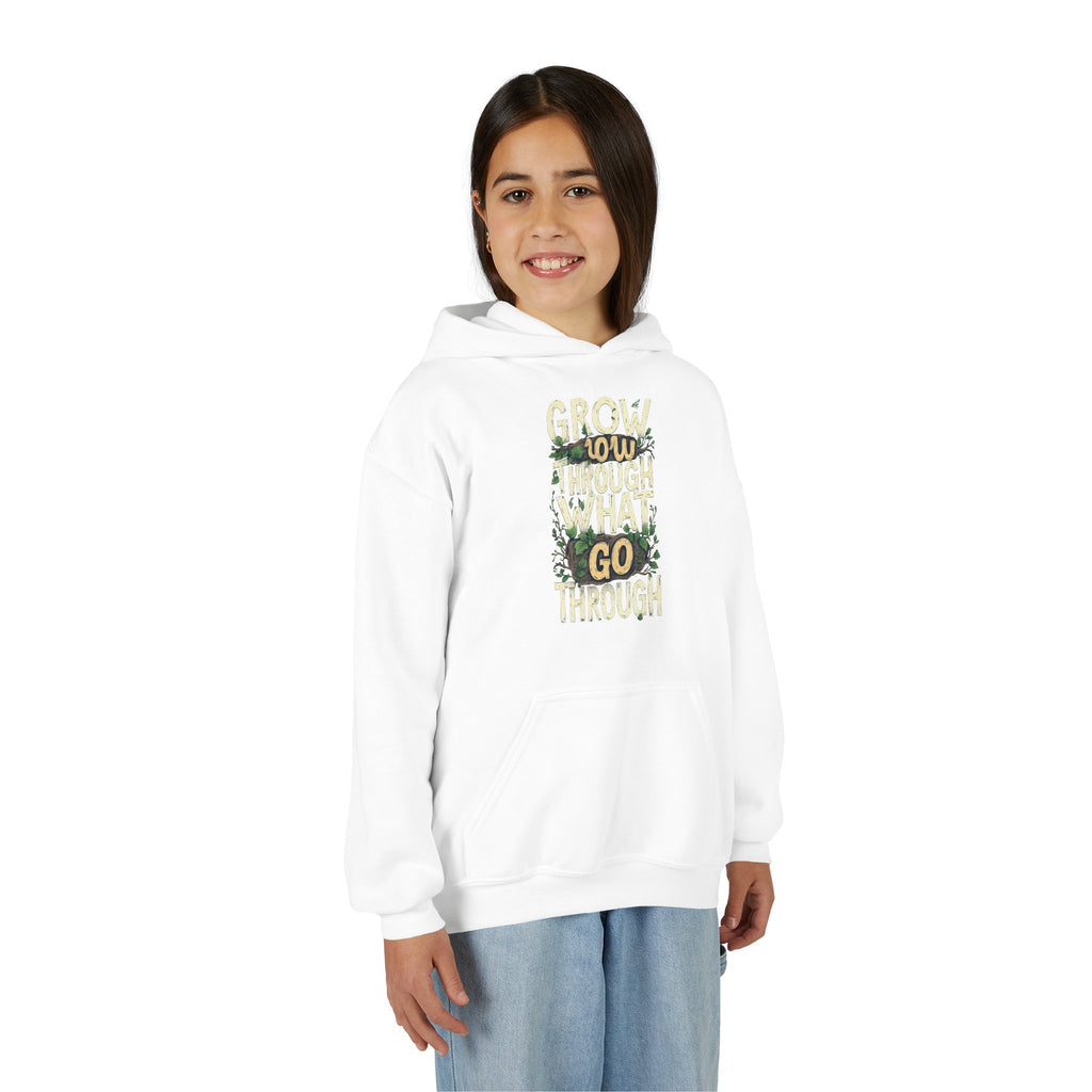 Youth Hoodie — 'Grow Slow, Go Through' Floral Motivational Hooded Sweatshirt