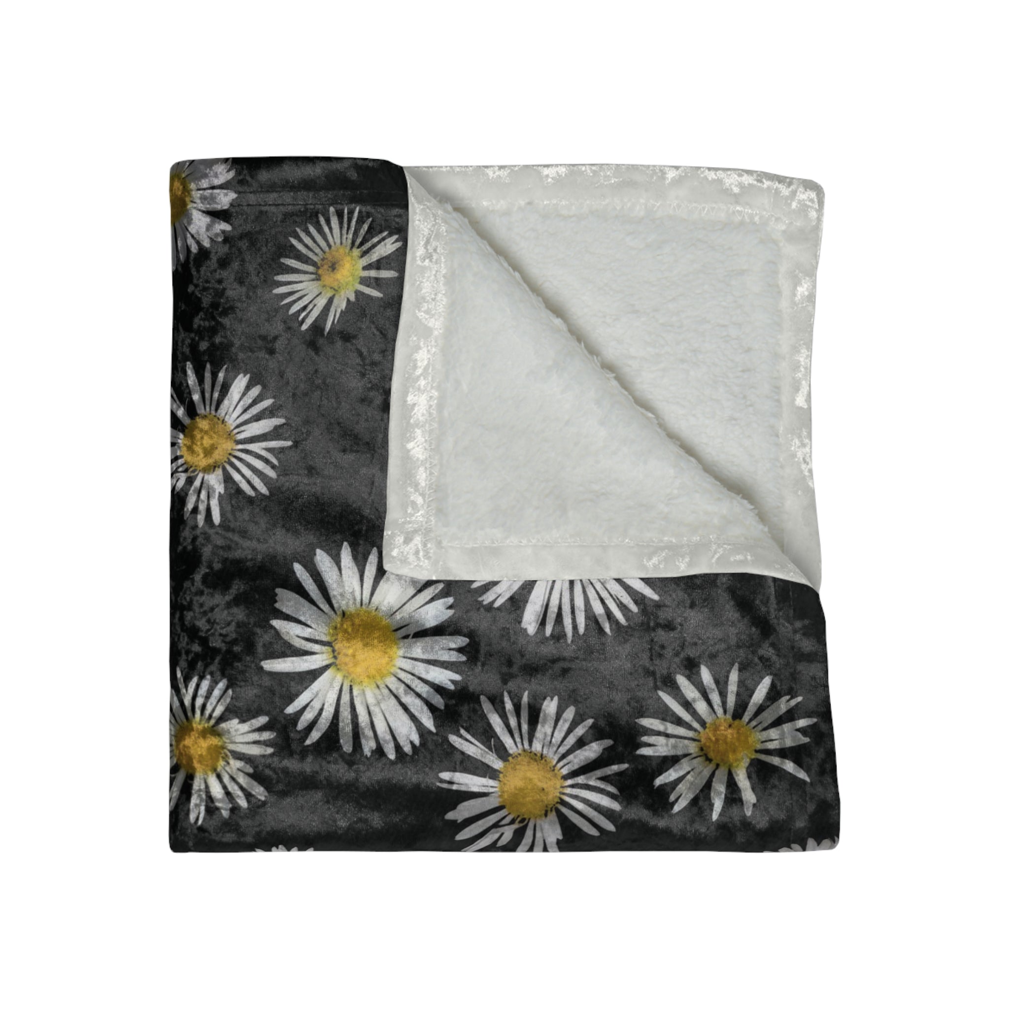 Crushed Velvet Blanket — Black Daisy Throw Blanket, Soft Floral Cozy Throw for Living Room & Bedroom