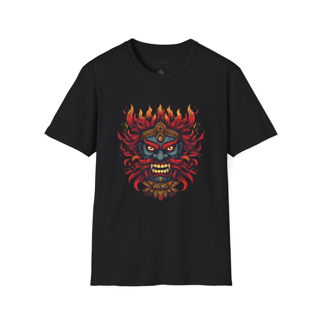 Flaming Demon Mask T-Shirt — Fierce Tattoo-Style Graphic Tee