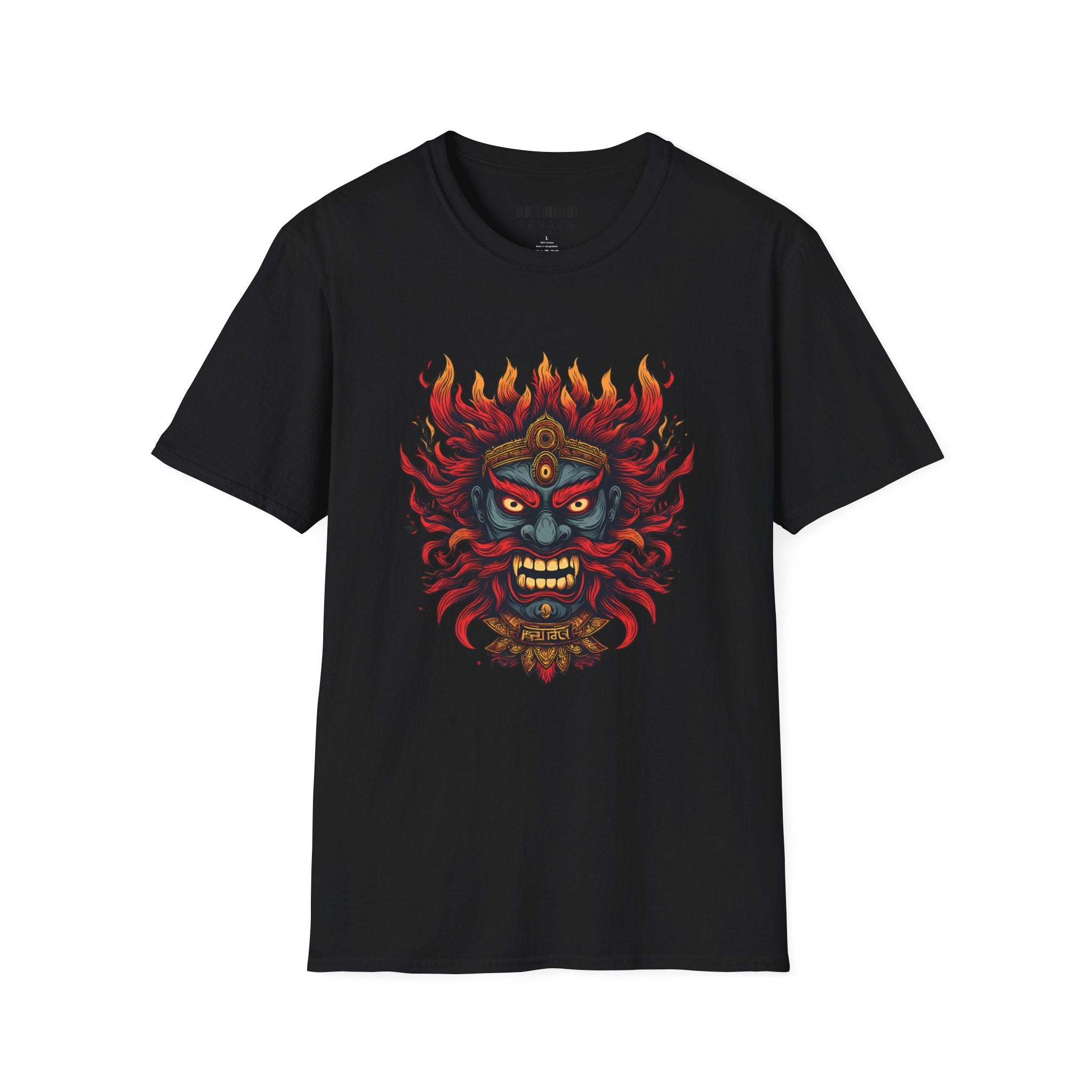 Flaming Demon Mask T-Shirt — Fierce Tattoo-Style Graphic Tee