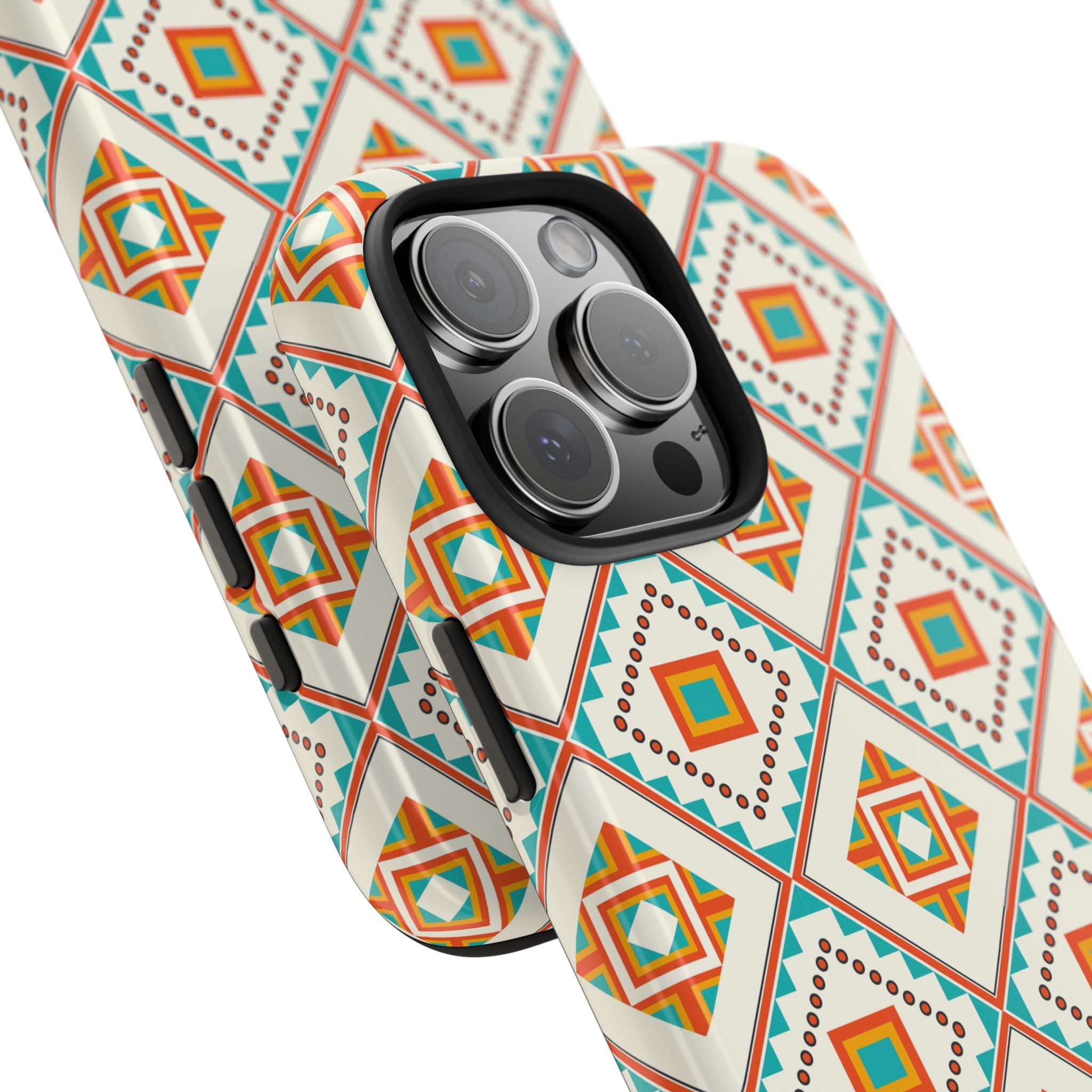 Tough Phone Case — Geometric Retro Tile Pattern, Orange & Teal Protective Cover