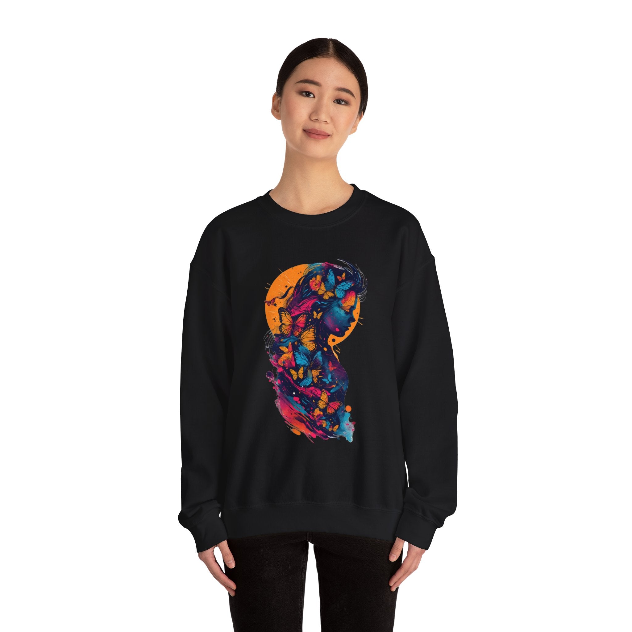 Butterfly Silhouette Crewneck Sweatshirt — Colorful Butterfly Profile Graphic