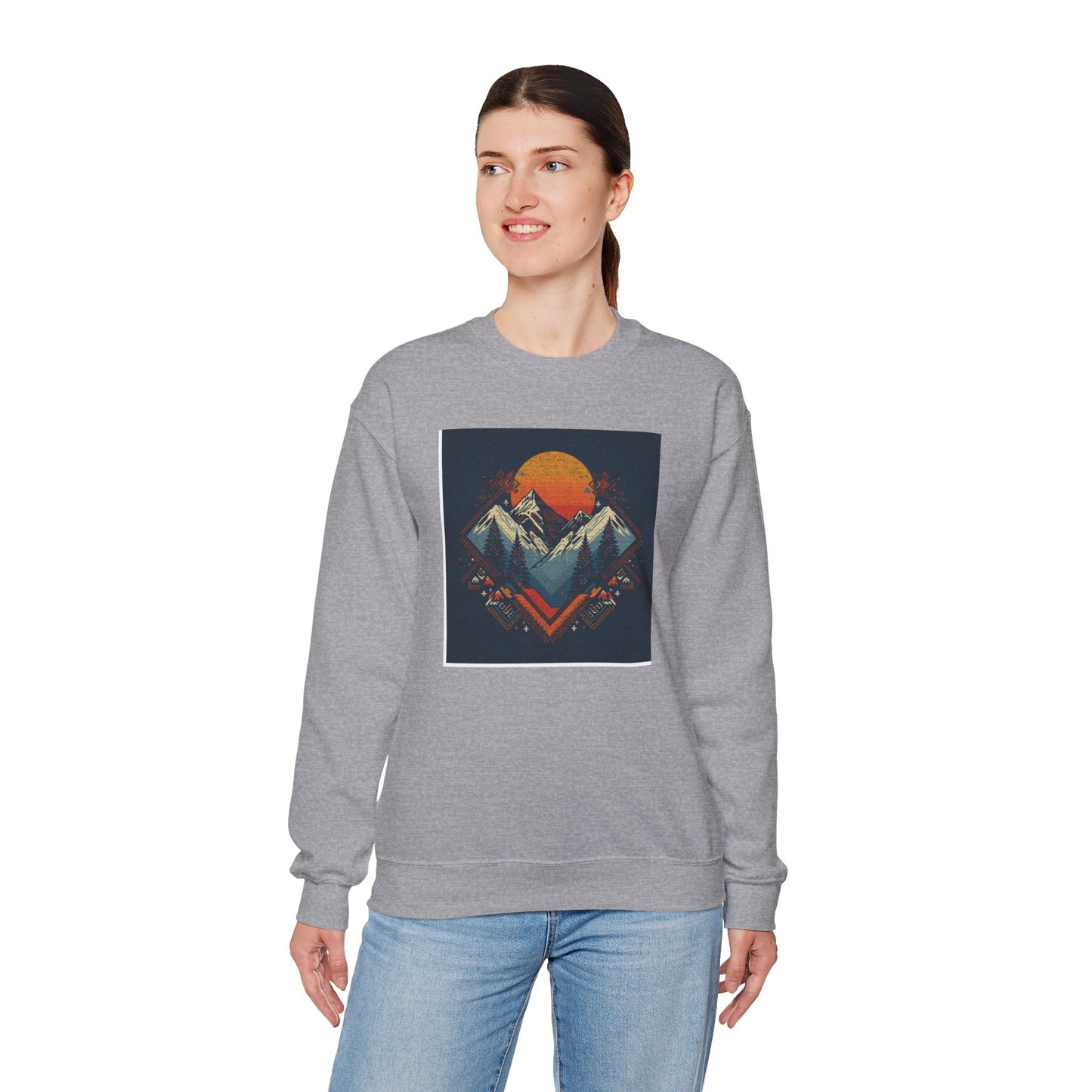 Mountain Sunset Crewneck Sweatshirt — Retro Geometric Peaks Graphic