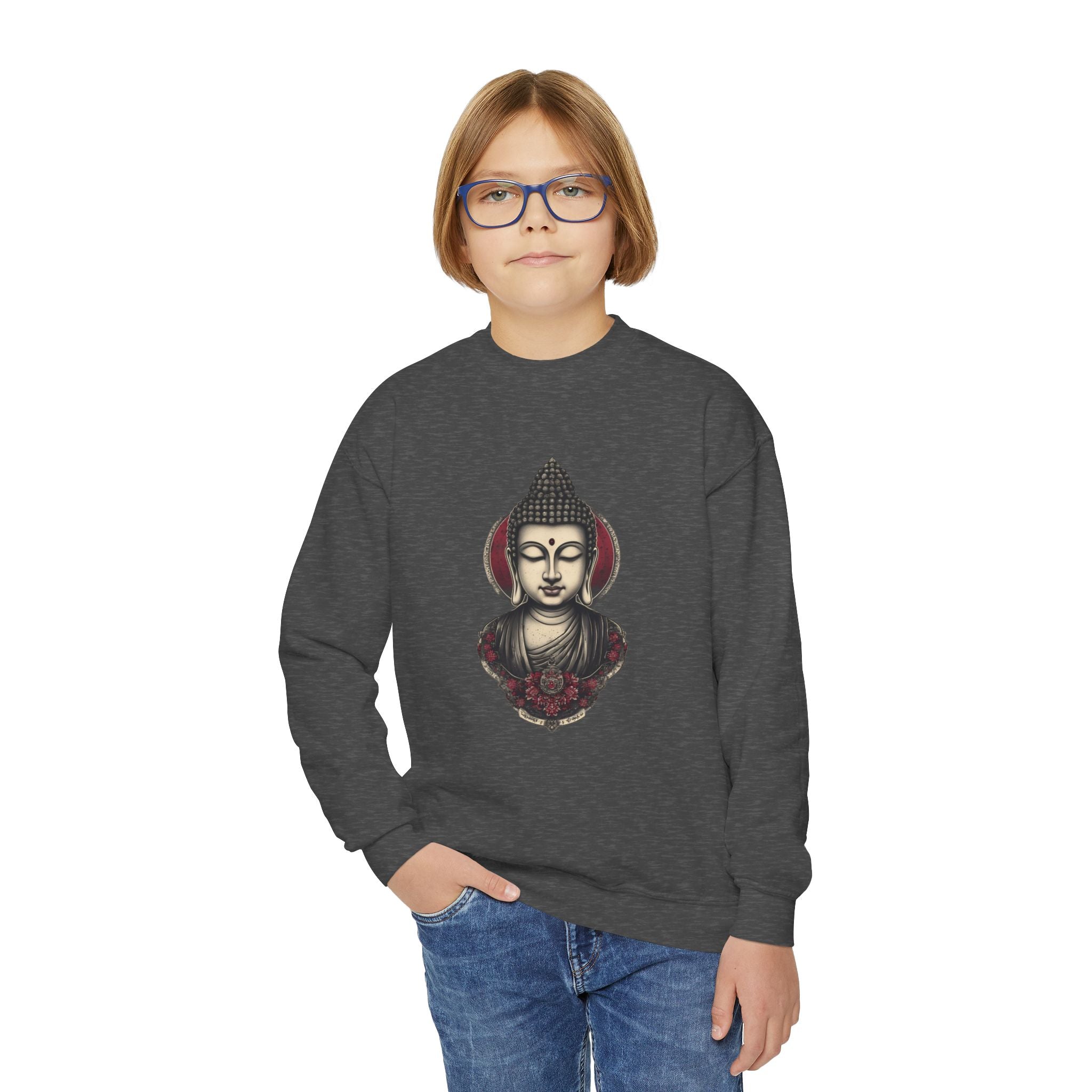 Buddha Head Crewneck Sweatshirt — Youth Mindfulness Graphic Pullover