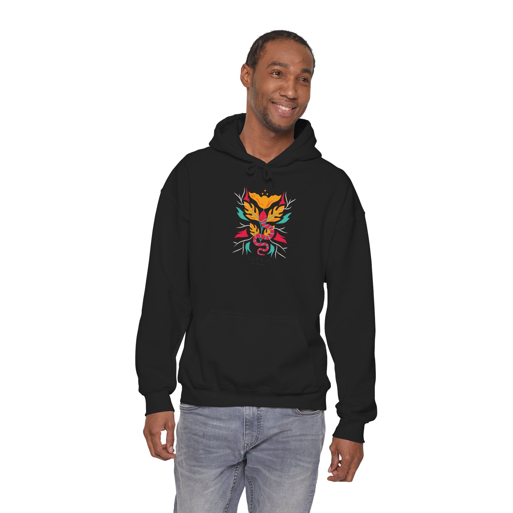 Floral Snake Hoodie — Colorful Serpent & Bloom Graphic Sweatshirt