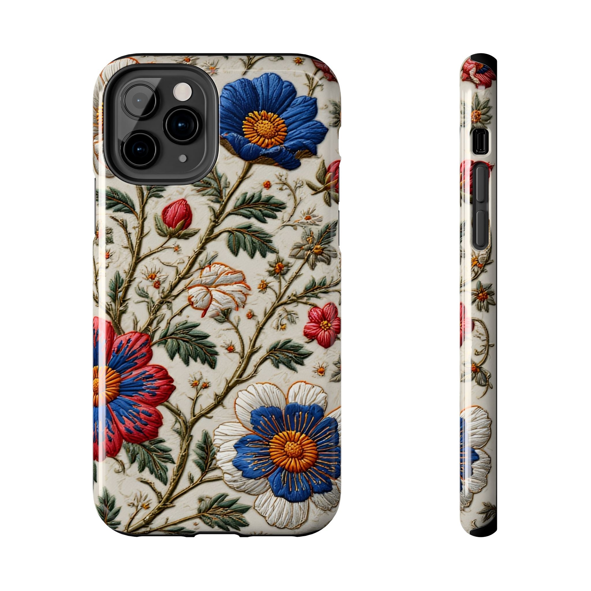 Floral Embroidery Tough Phone Case — Vintage Blue & Red Garden Design
