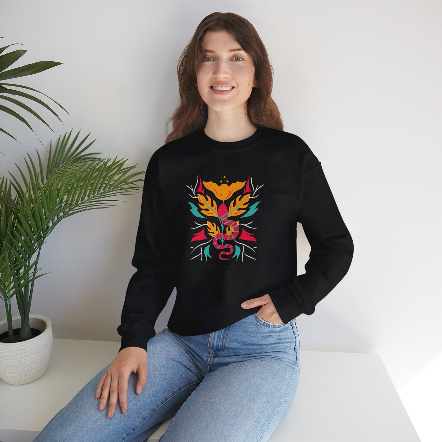 Sahajé Floral Snake Crewneck Sweatshirt — Colorful Botanical Serpent Graphic