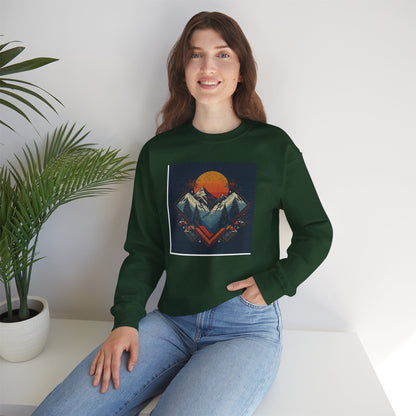 Mountain Sunset Crewneck Sweatshirt — Retro Geometric Peaks Graphic