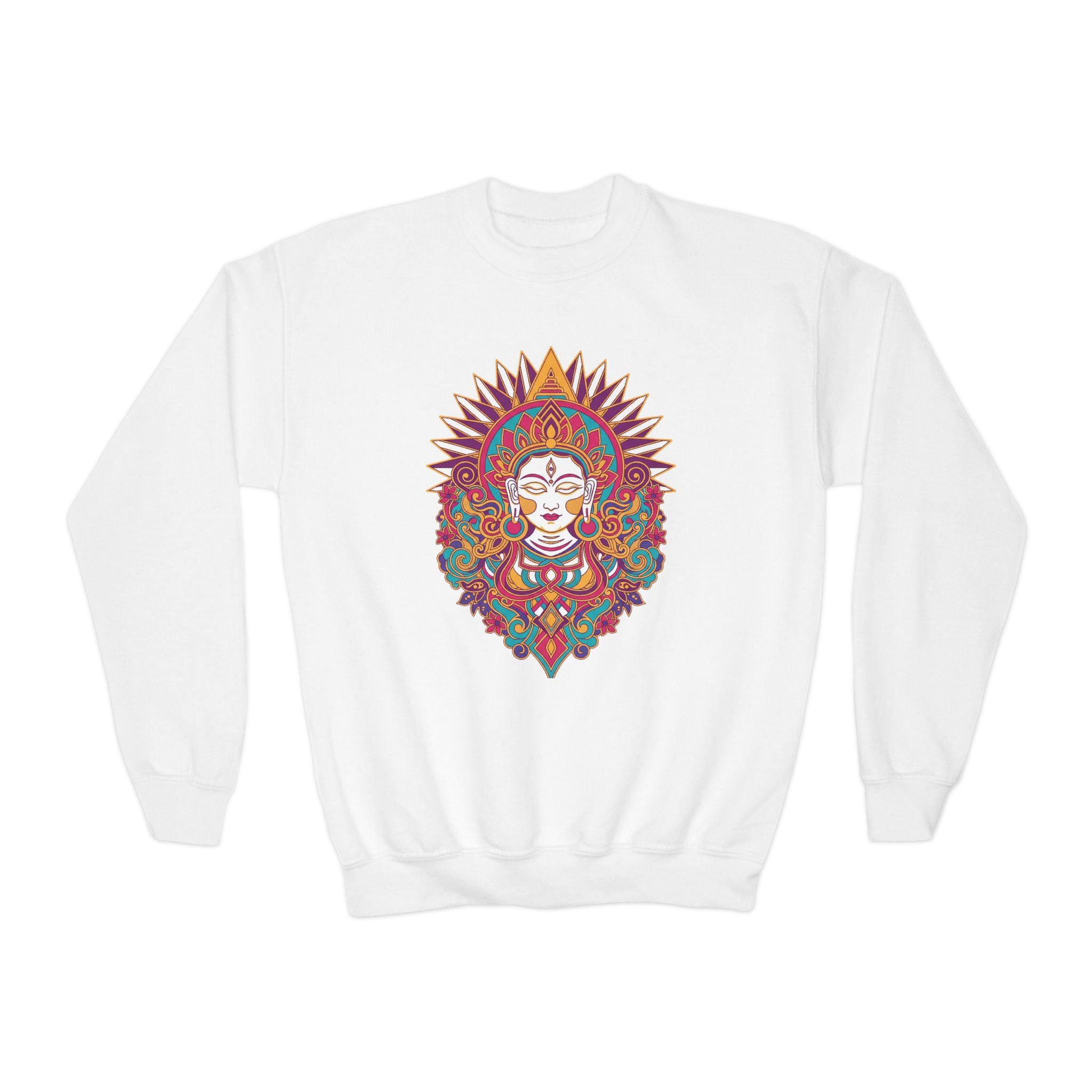 Youth Crewneck Sweatshirt — Colorful Boho Sun Goddess Graphic