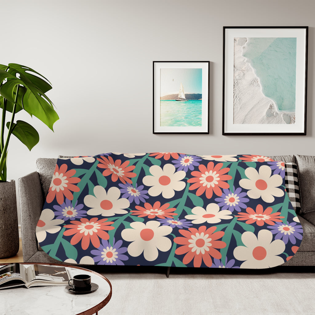 Floral Sherpa Blanket – Reversible Retro Flower Print with Cozy Beige Sherpa