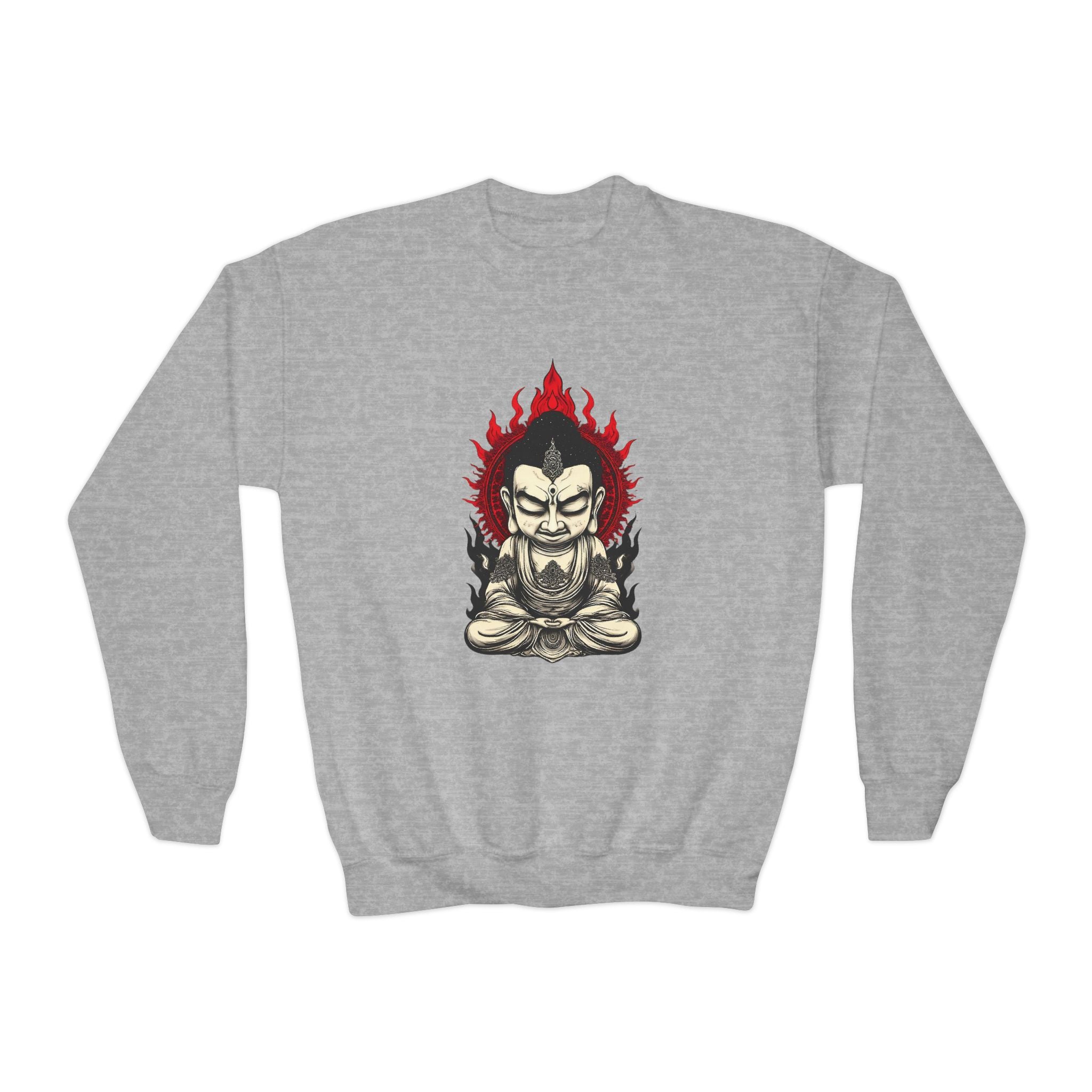 Flaming Meditating Buddha Youth Crewneck Sweatshirt — Zen Graphic Sweater for Kids