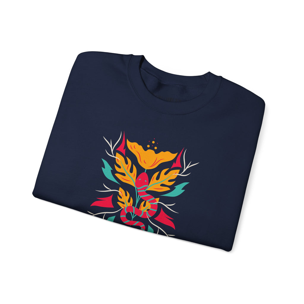 Sahajé Floral Snake Crewneck Sweatshirt — Colorful Botanical Serpent Graphic