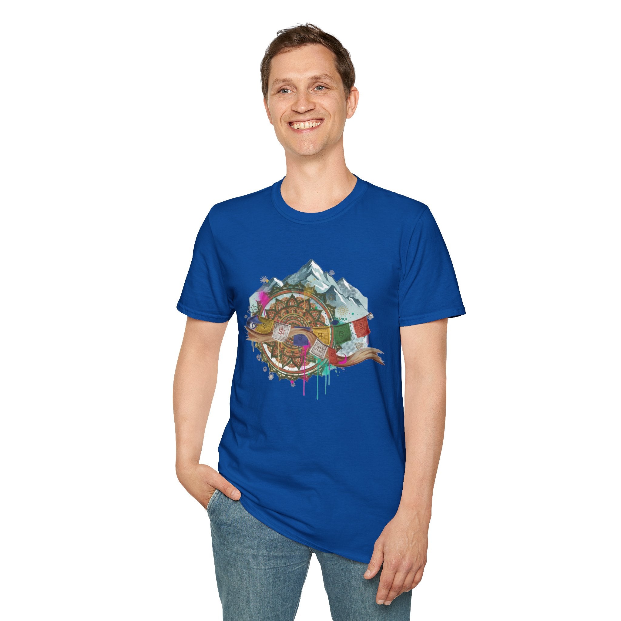 Adventure Compass T-Shirt — Mountain Compass with Prayer Flags & Colorful Globe