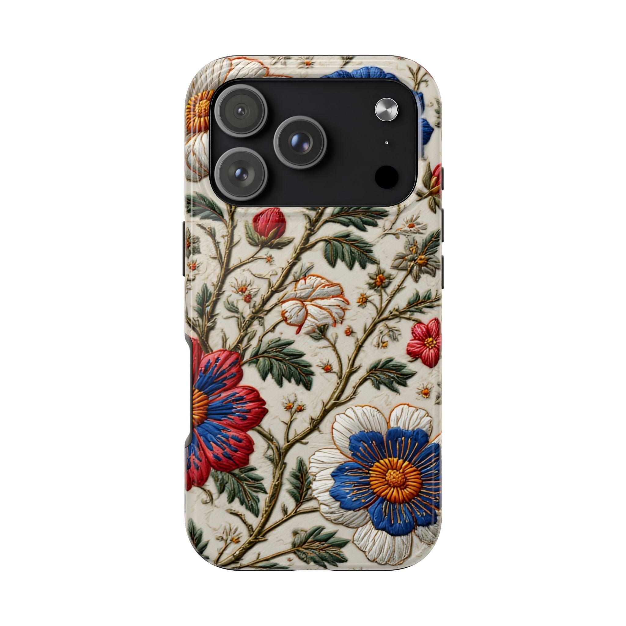 Floral Embroidery Tough Phone Case — Vintage Blue & Red Garden Design