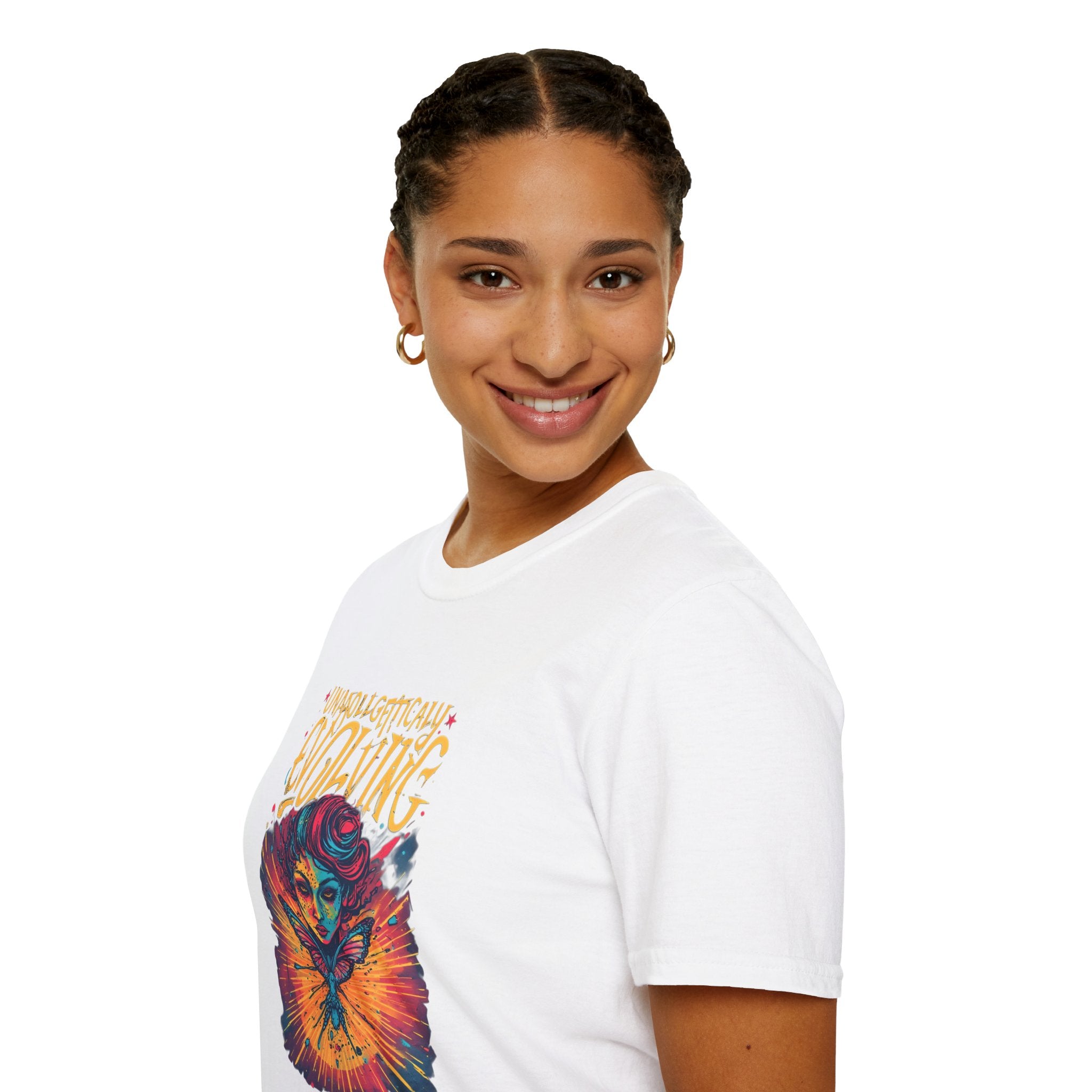 Unapologetically Evolving T-Shirt — Vibrant Butterfly Woman Graphic Tee