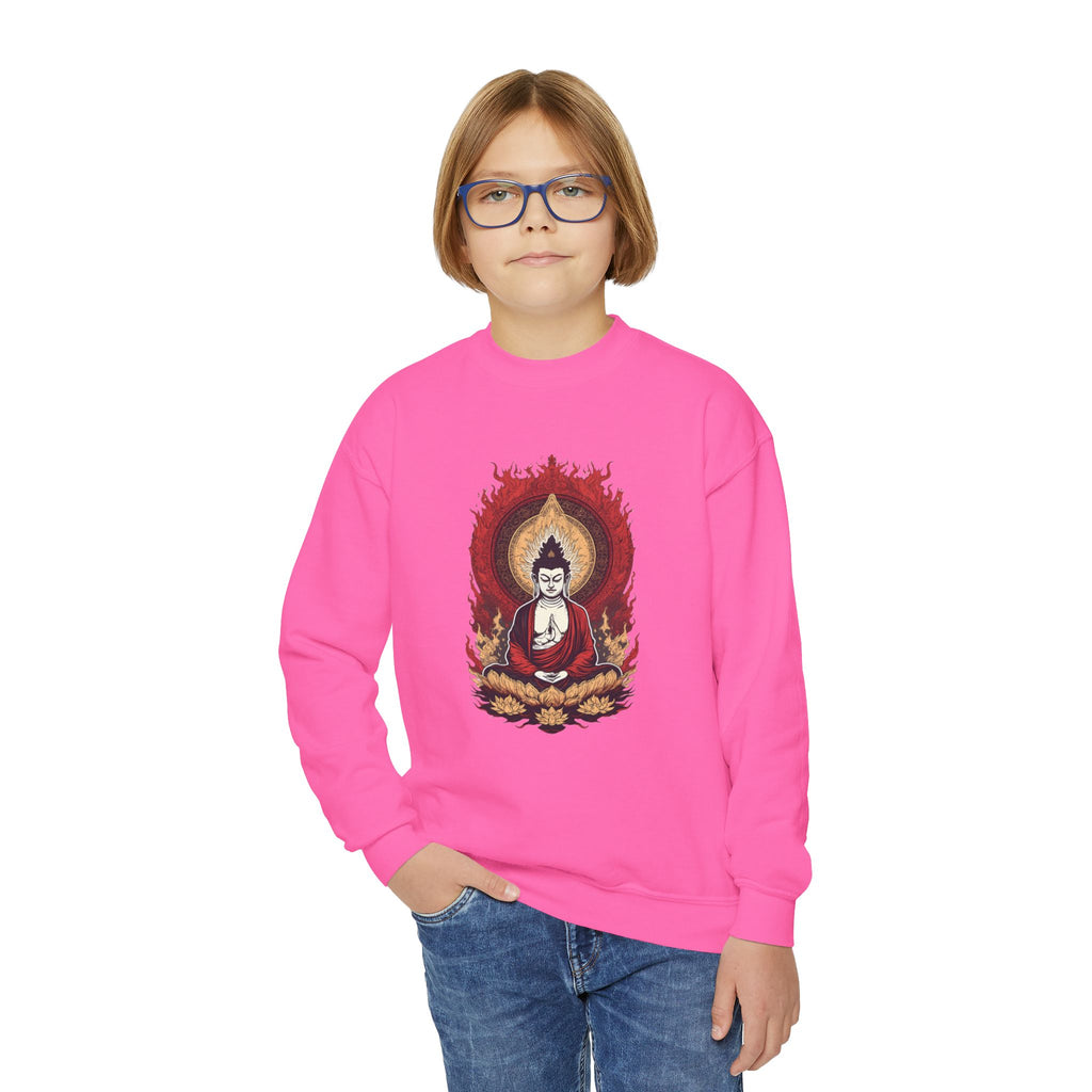 Buddha Flame Youth Crewneck Sweatshirt - Meditating Lotus Graphic
