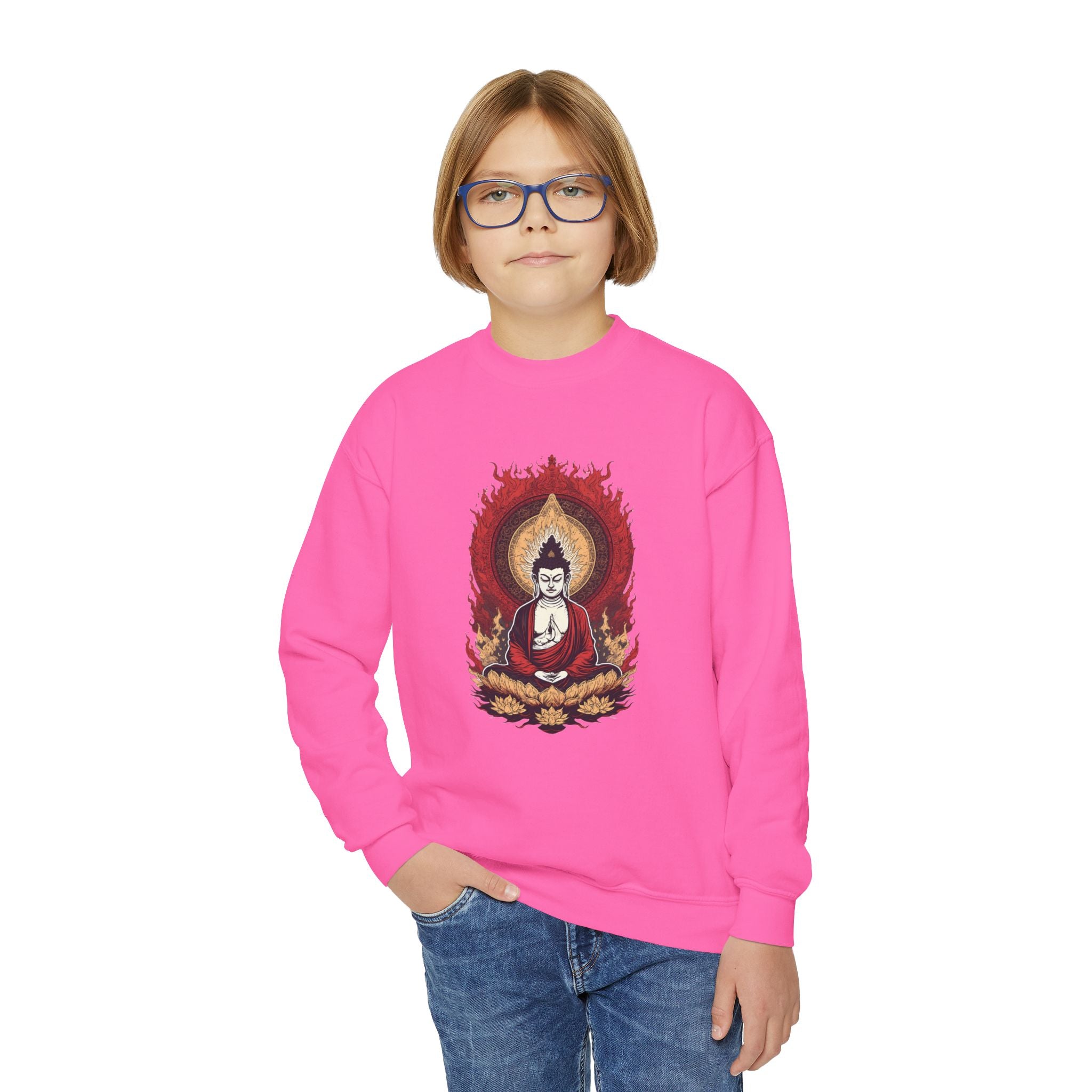 Buddha Flame Youth Crewneck Sweatshirt - Meditating Lotus Graphic