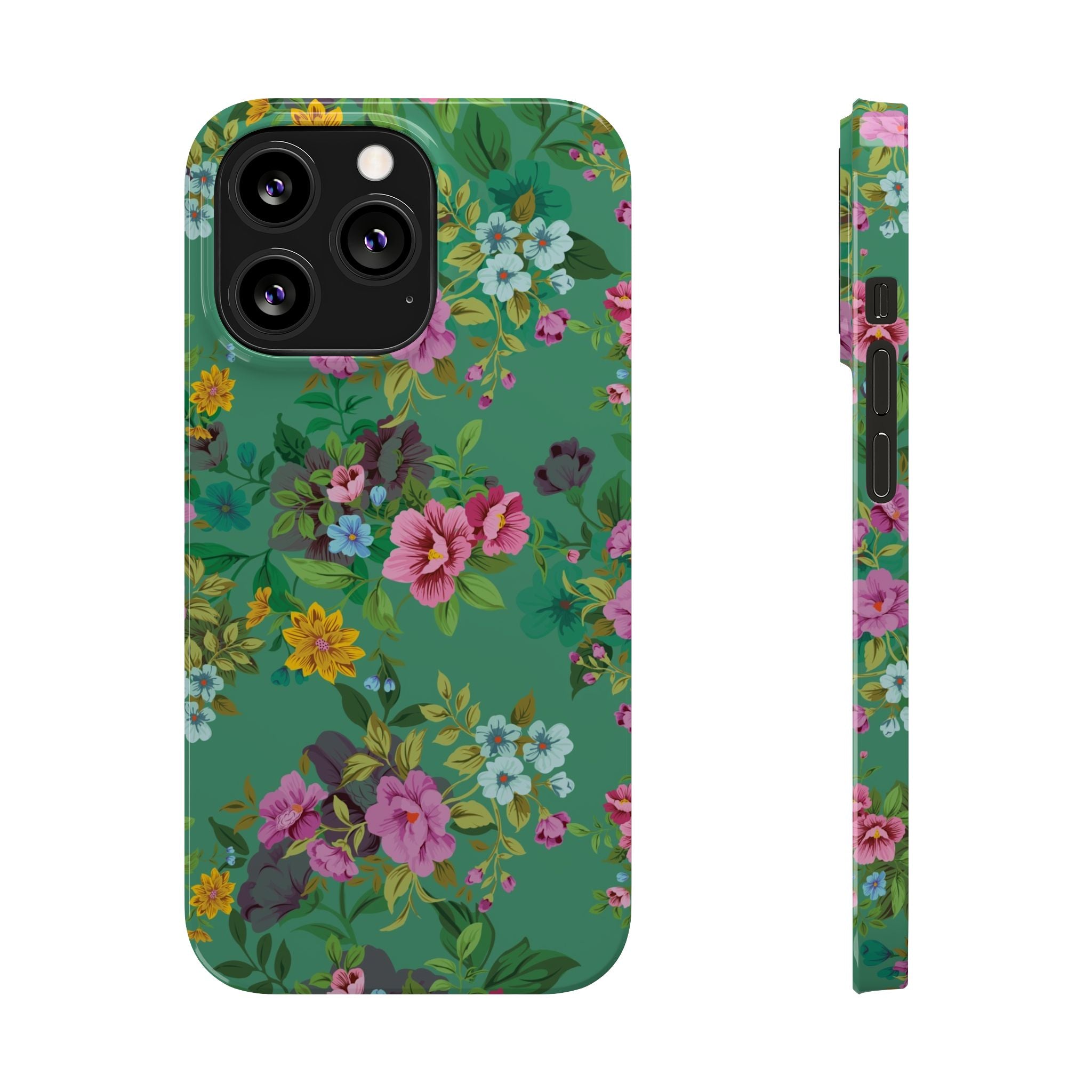 Floral Vintage Green Slim Phone Case — Pink & Yellow Garden Print