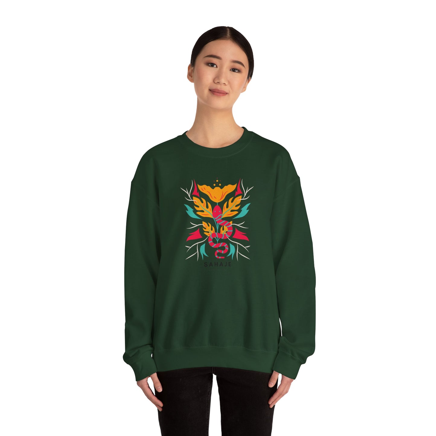 Sahajé Floral Snake Crewneck Sweatshirt — Colorful Botanical Serpent Graphic