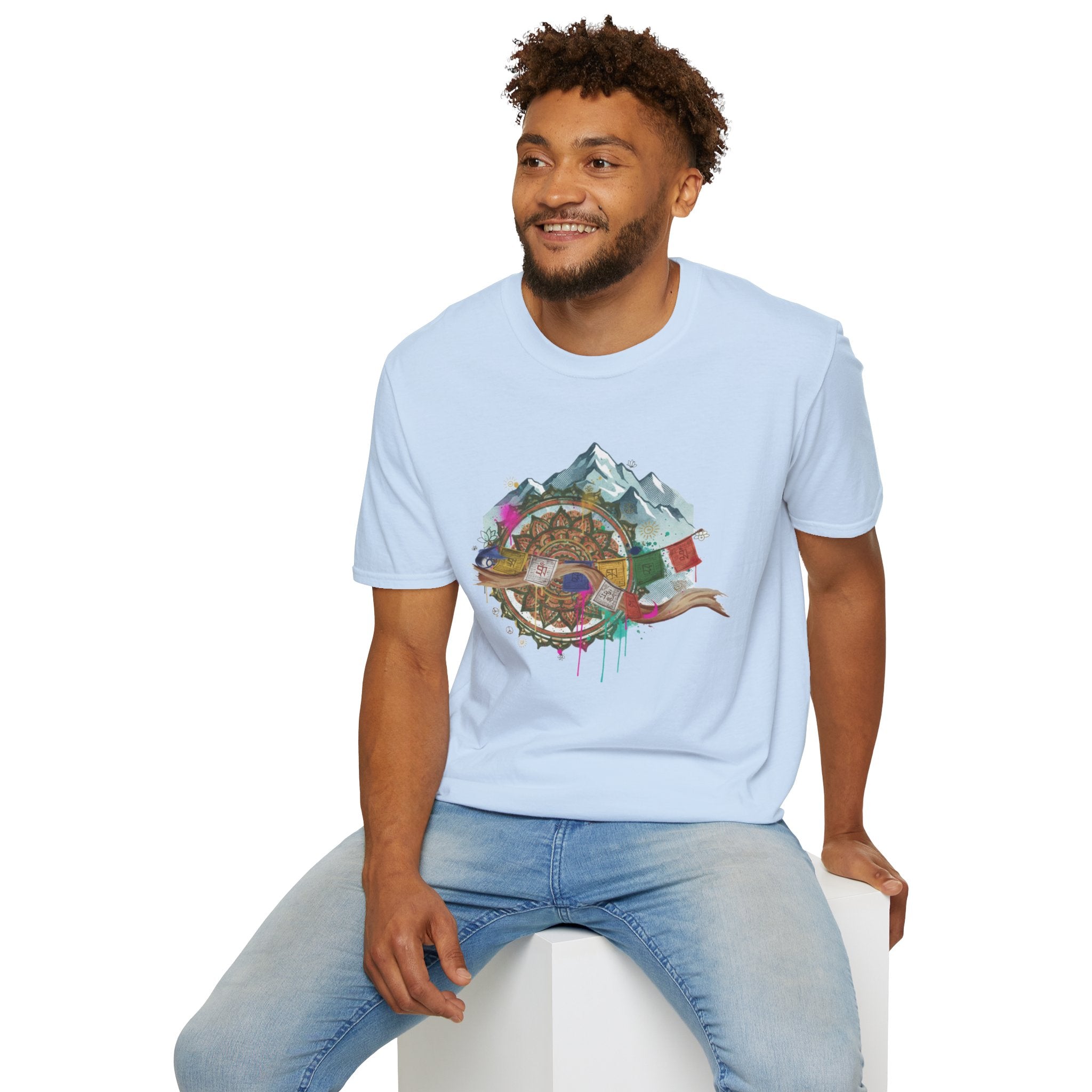 Adventure Compass T-Shirt — Mountain Compass with Prayer Flags & Colorful Globe