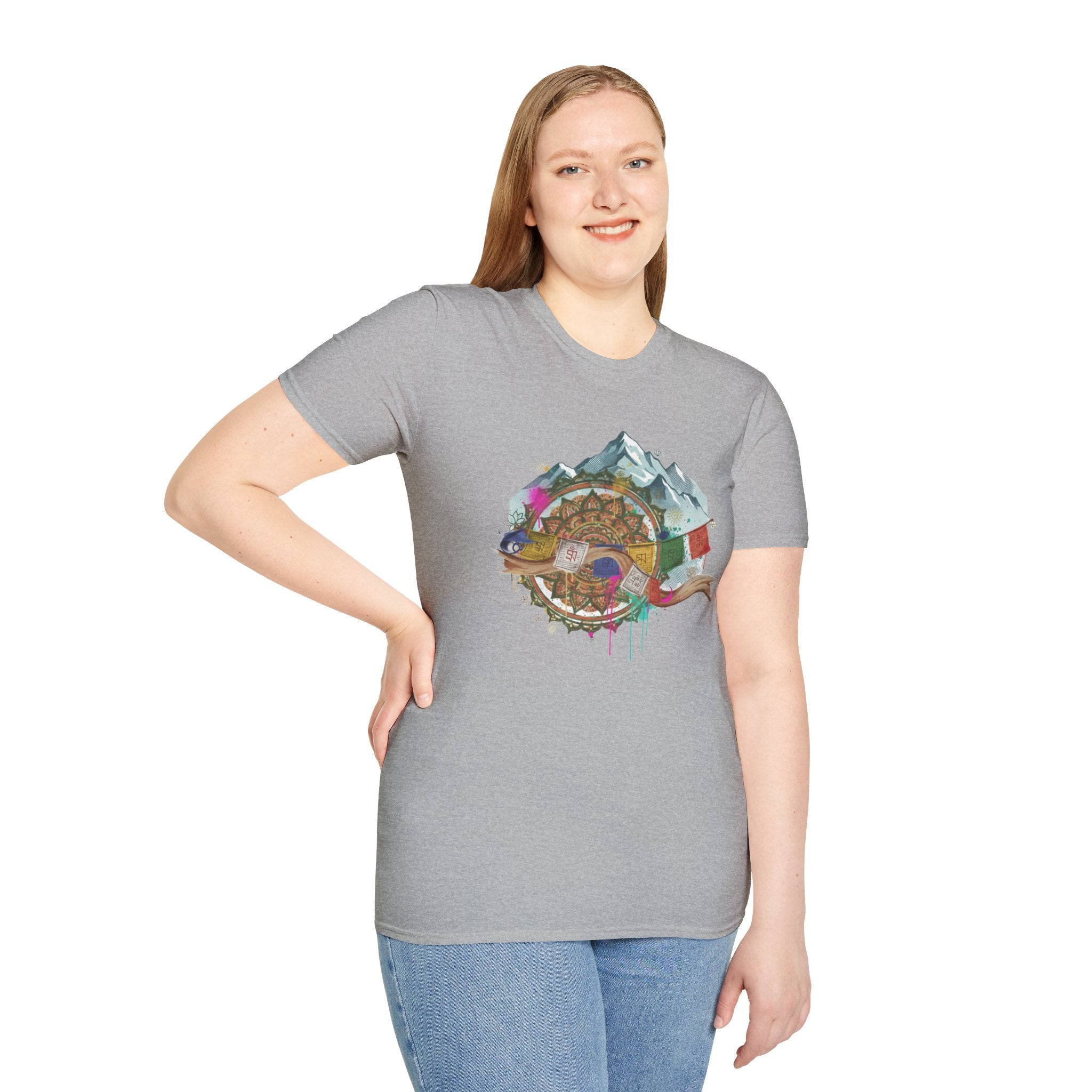 Adventure Compass T-Shirt — Mountain Compass with Prayer Flags & Colorful Globe