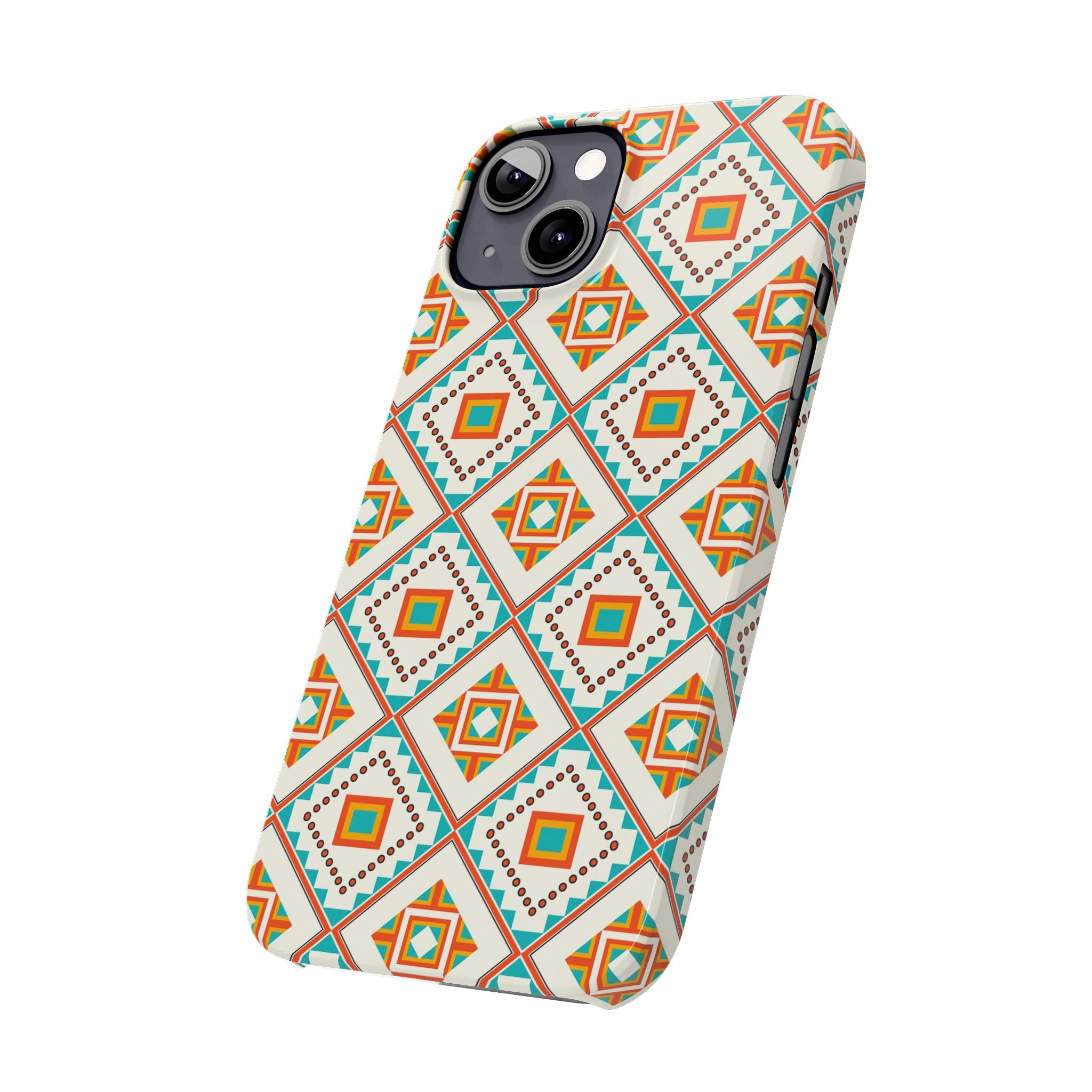 Slim Phone Case — Retro Geometric Tile Pattern (Turquoise & Orange)
