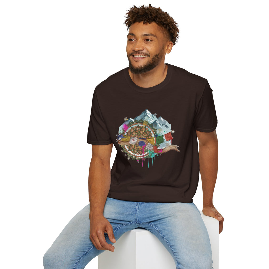 Adventure Compass T-Shirt — Mountain Compass with Prayer Flags & Colorful Globe