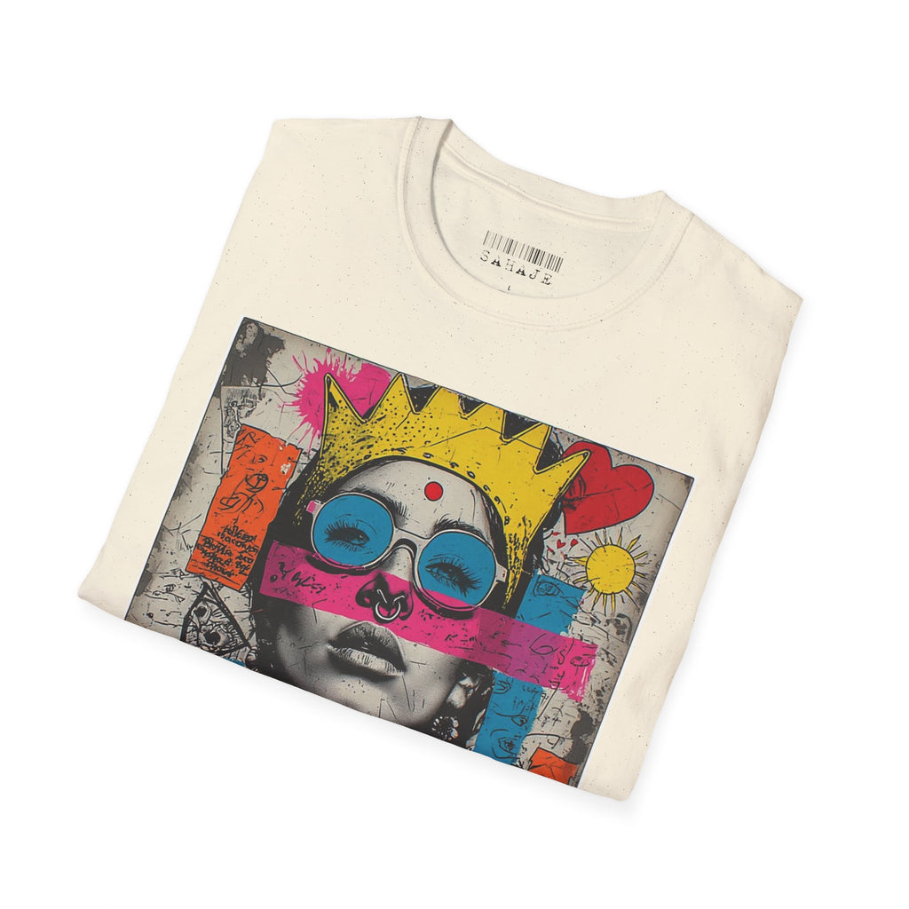 Abstract Pop Art Portrait T-Shirt — Neon Crown & Sunglasses Graphic