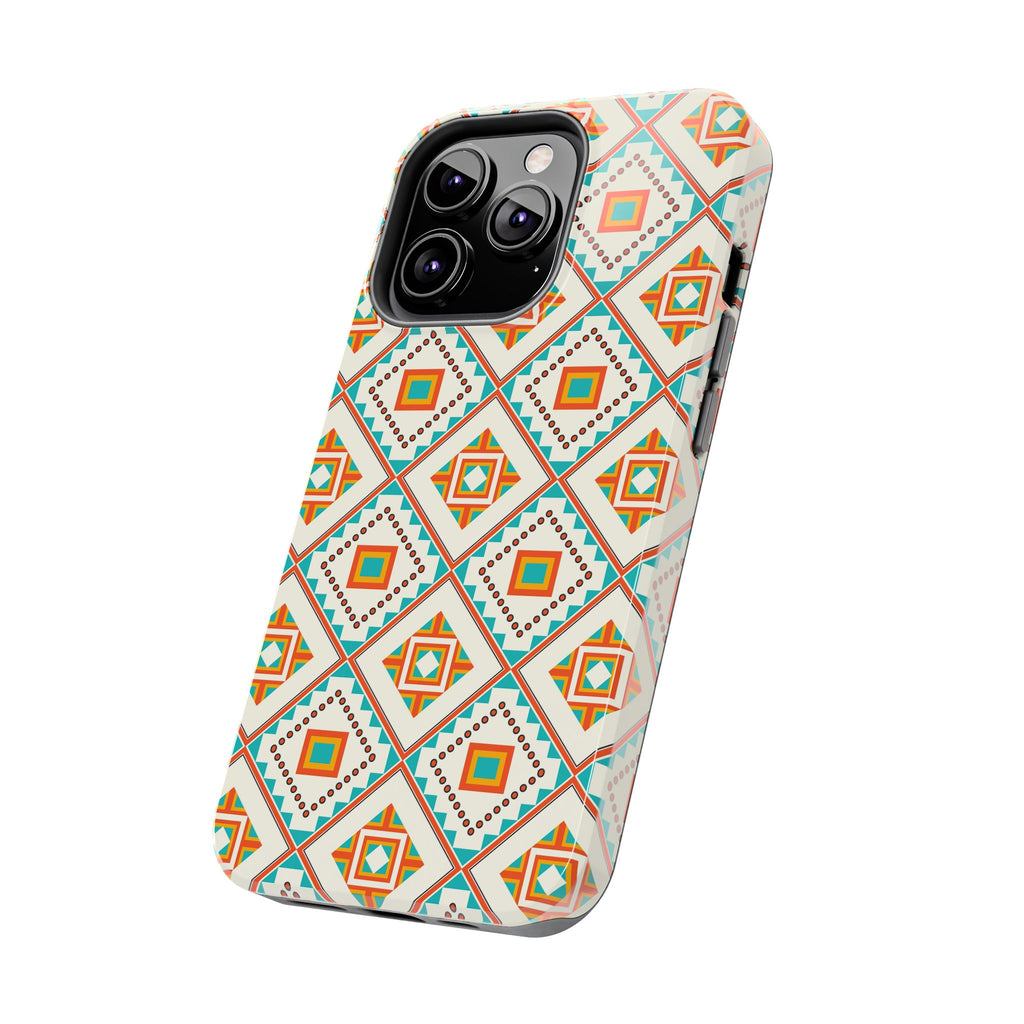 Tough Phone Case — Geometric Retro Tile Pattern, Orange & Teal Protective Cover