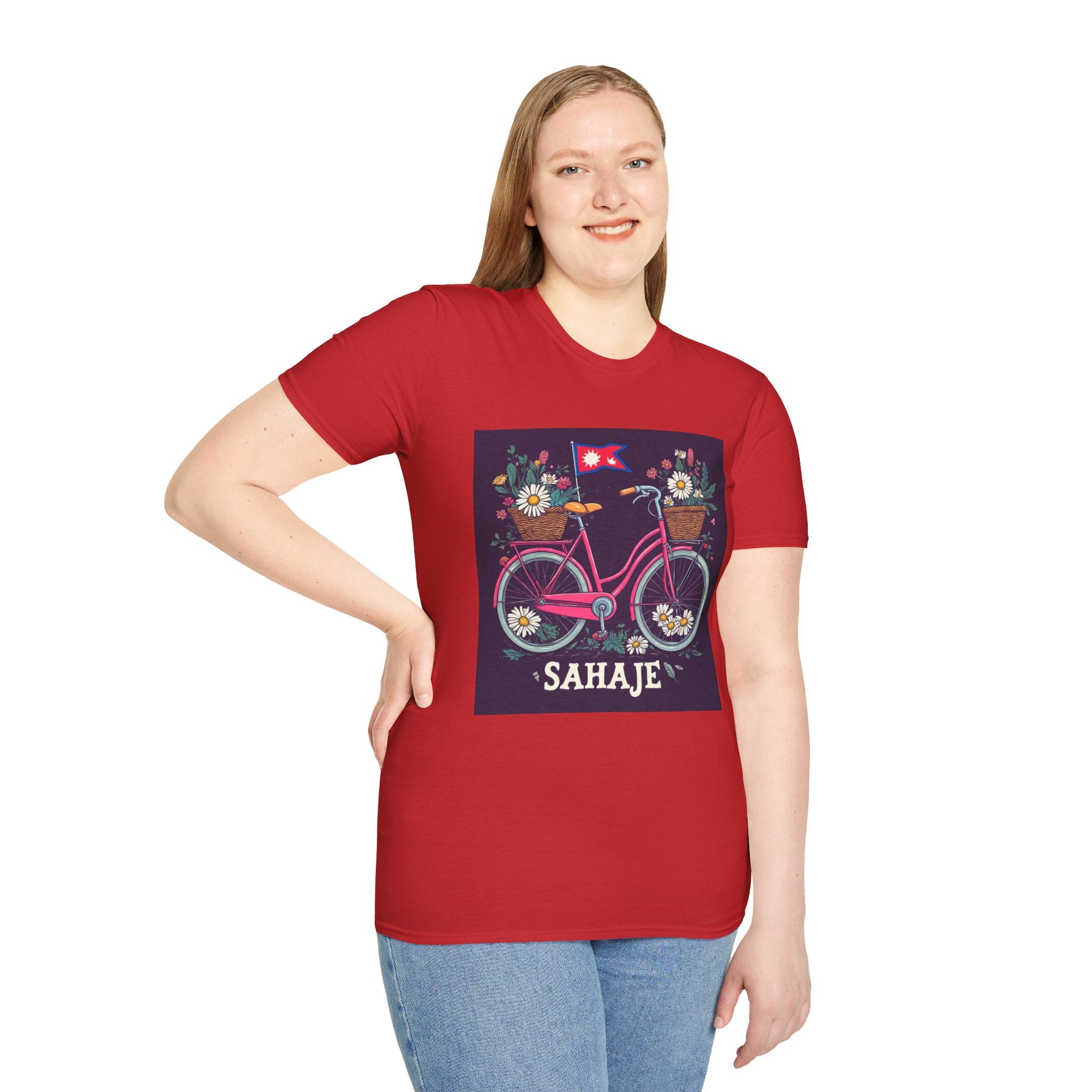 Bicycle Floral T-Shirt – Pink Bike with Baskets & "Sahaje" Text