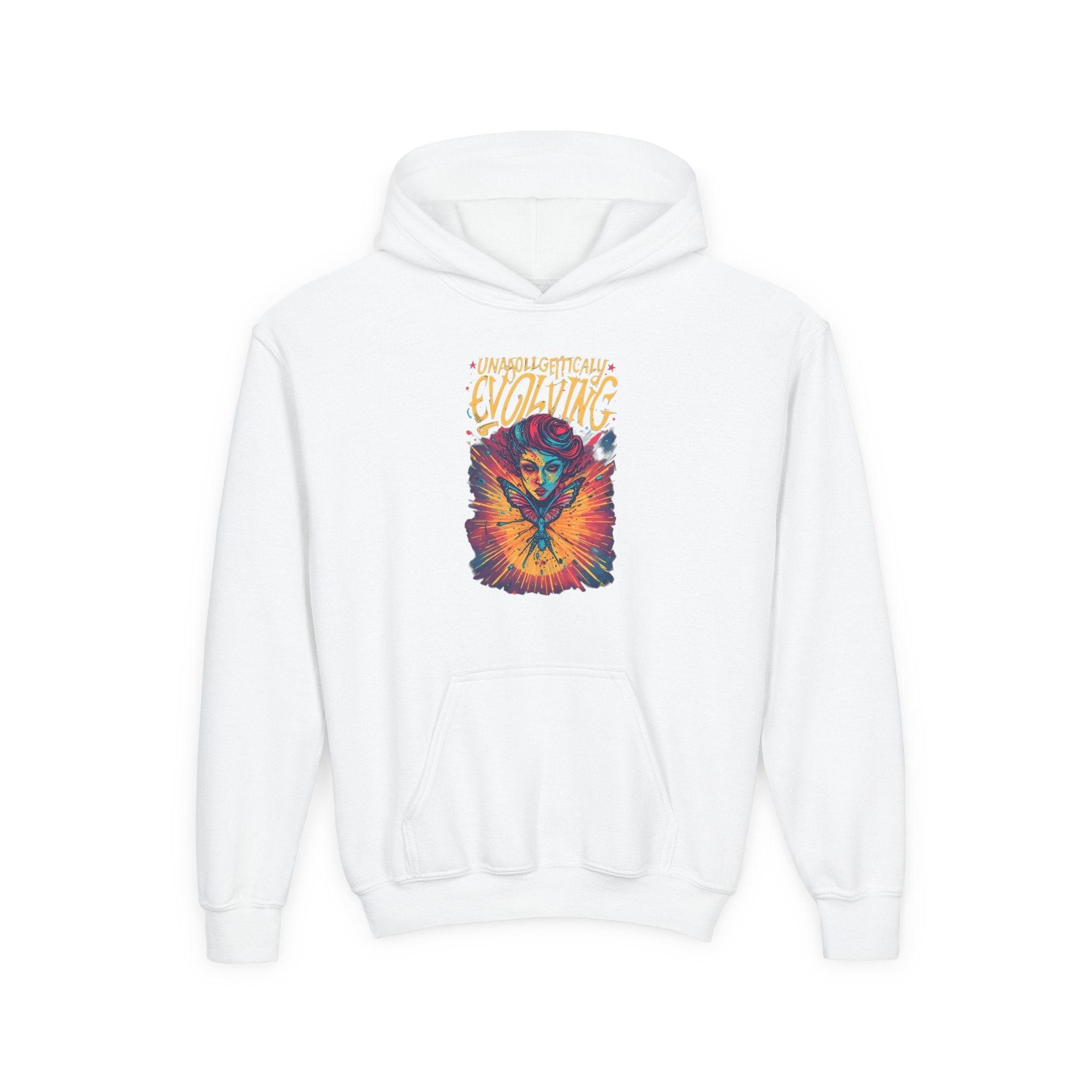 Youth Hoodie — Vibrant 'Evolving' Butterfly Girl Graphic Sweatshirt