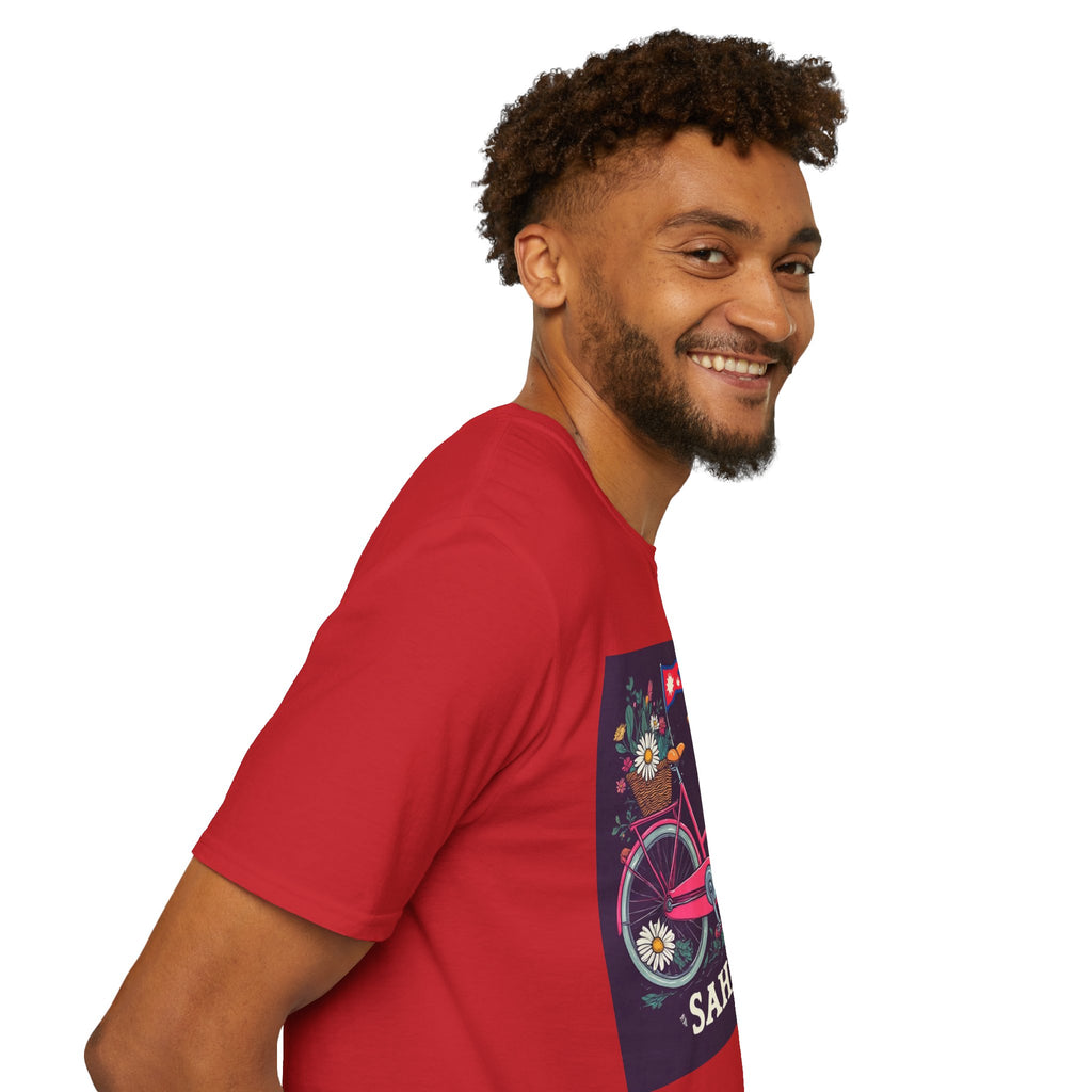 Bicycle Floral T-Shirt – Pink Bike with Baskets & "Sahaje" Text