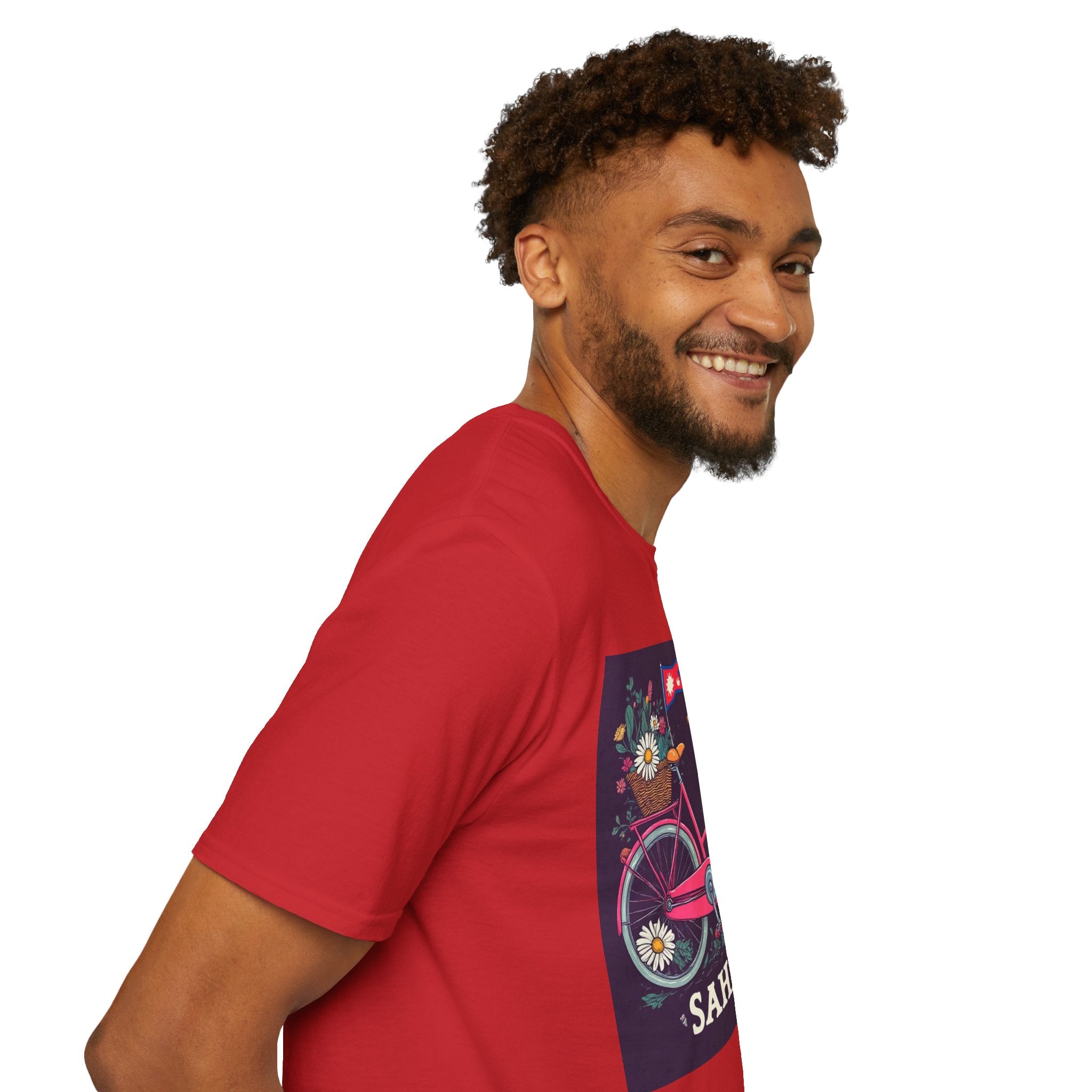 Bicycle Floral T-Shirt – Pink Bike with Baskets & "Sahaje" Text