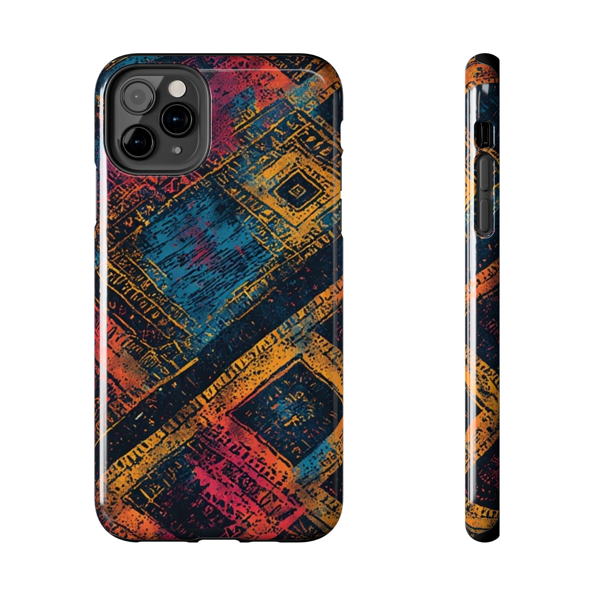 Tough Phone Case – Abstract Rustic Geometric Design (Blue, Orange, Magenta)