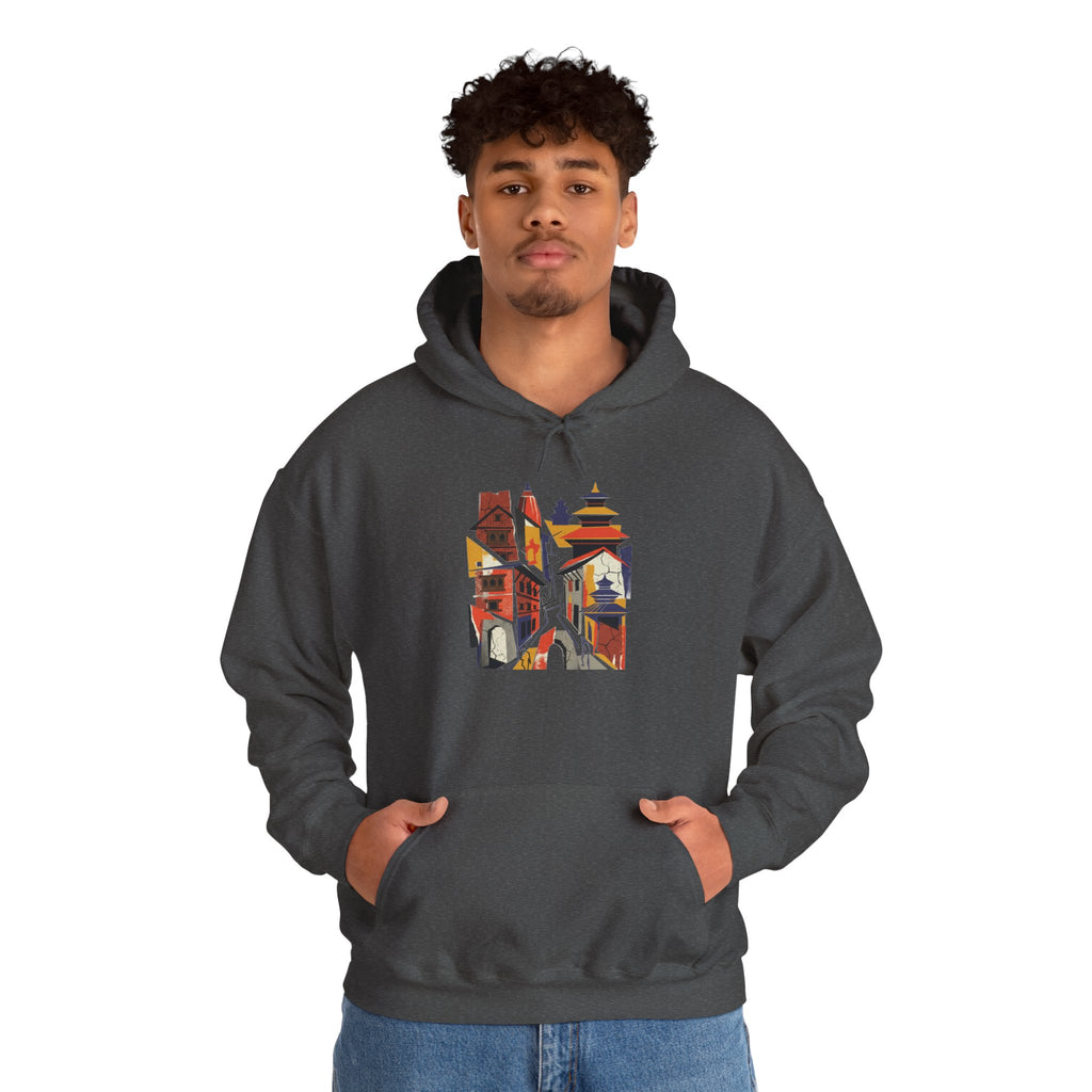 Cityscape Collage Hoodie — Colorful Urban Architecture Graphic Hoodie