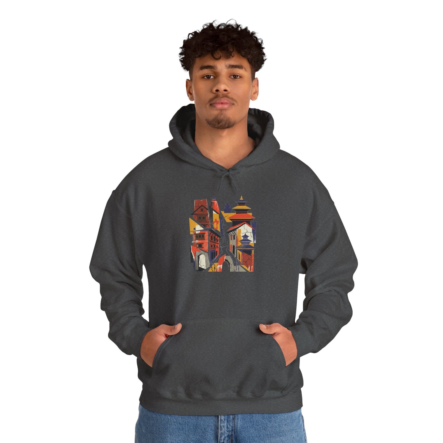Cityscape Collage Hoodie — Colorful Urban Architecture Graphic Hoodie