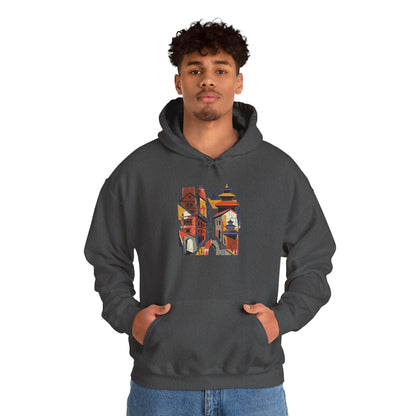 Cityscape Collage Hoodie — Colorful Urban Architecture Graphic Hoodie