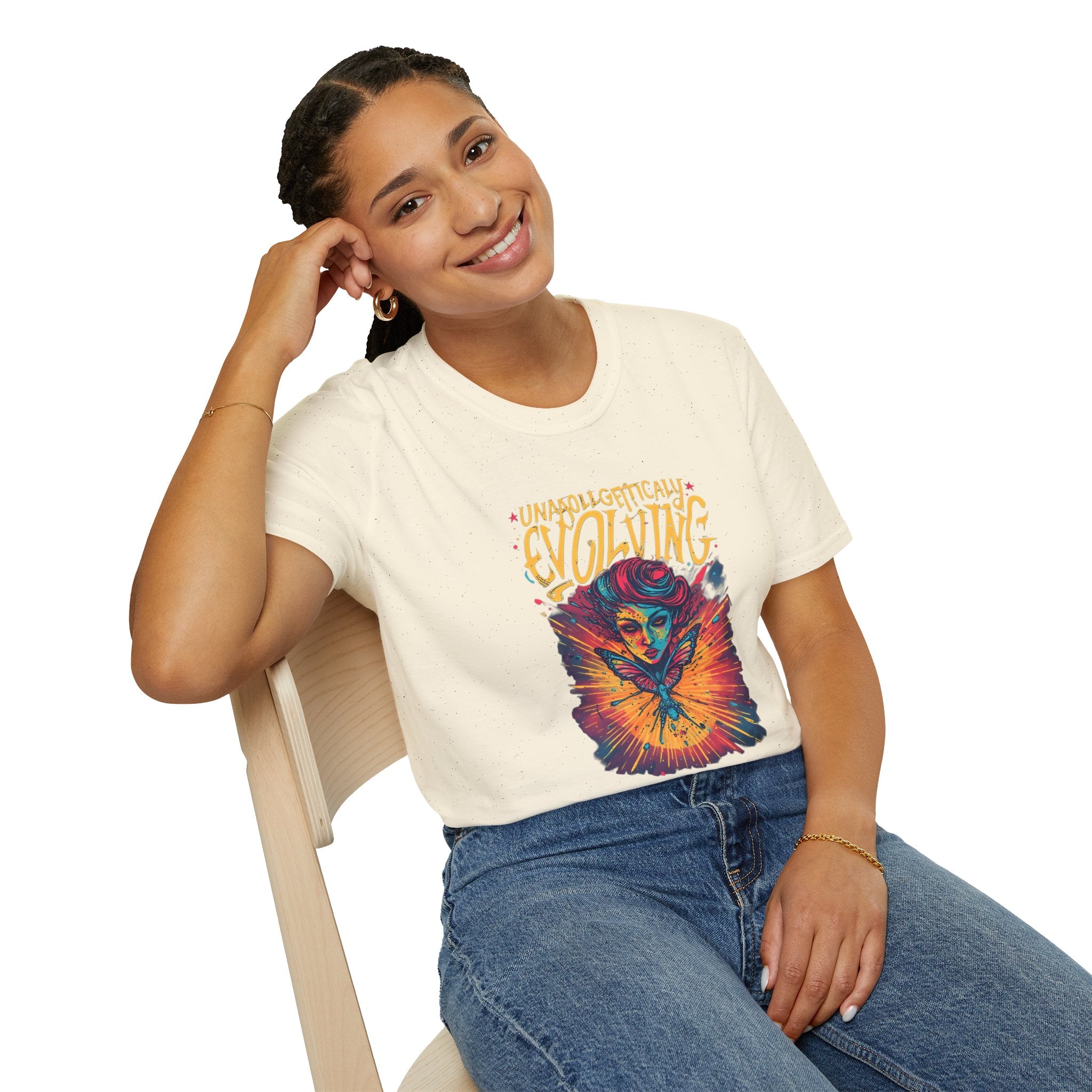 Unapologetically Evolving T-Shirt — Vibrant Butterfly Woman Graphic Tee