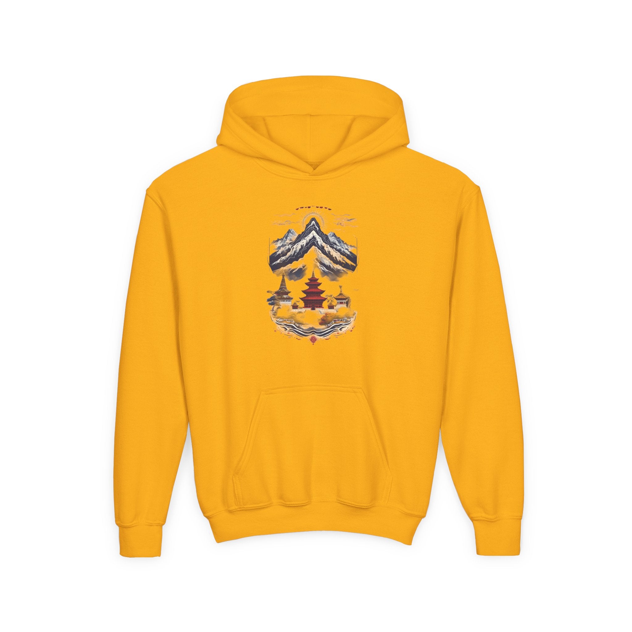Youth Hoodie — Mountain Pagoda Watercolor Graphic (Asian Temple Winter Vibe)