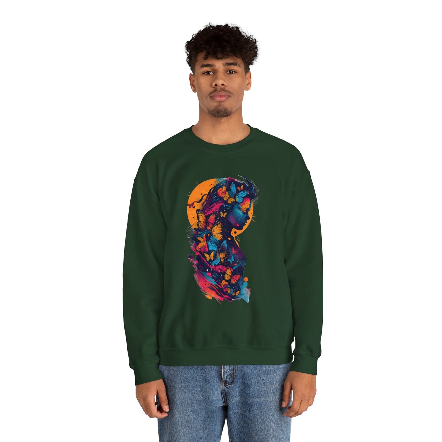 Butterfly Silhouette Crewneck Sweatshirt — Colorful Butterfly Profile Graphic