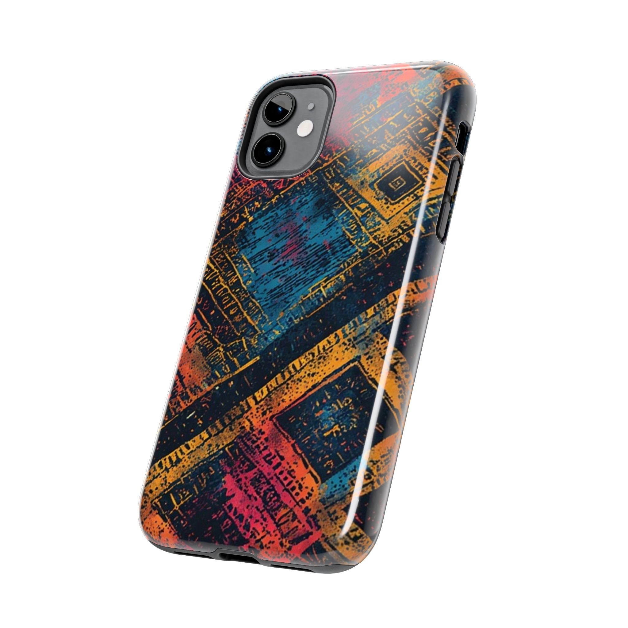 Tough Phone Case – Abstract Rustic Geometric Design (Blue, Orange, Magenta)