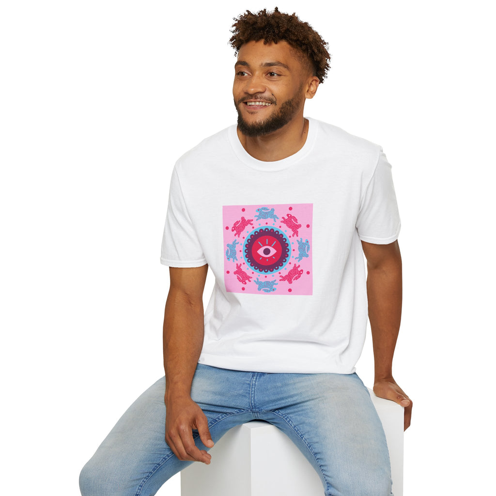 Psychedelic Eyeball Mandala T-Shirt — Pink Blue Retro Graphic Tee
