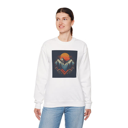 Mountain Sunset Crewneck Sweatshirt — Retro Geometric Peaks Graphic