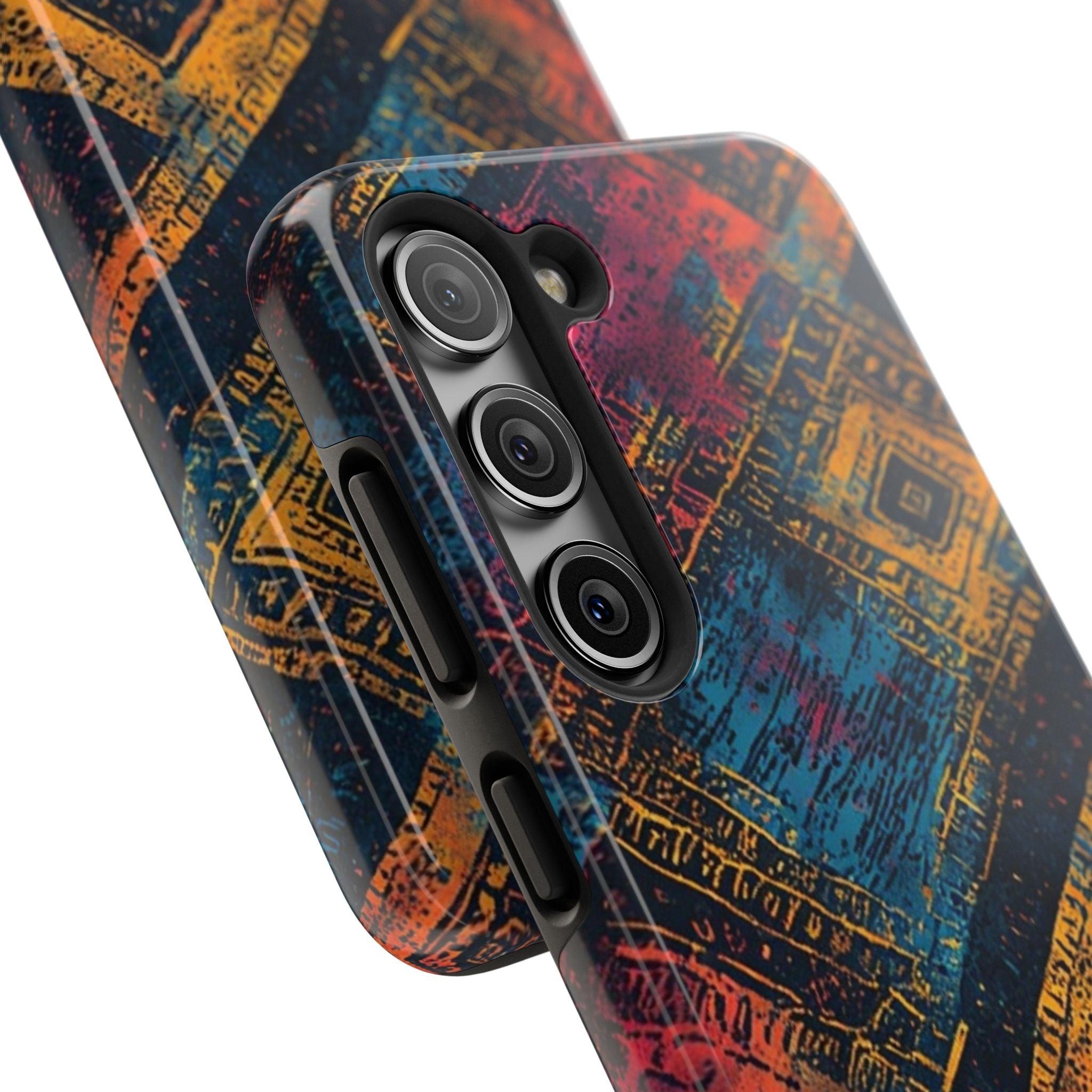 Tough Phone Case – Abstract Rustic Geometric Design (Blue, Orange, Magenta)