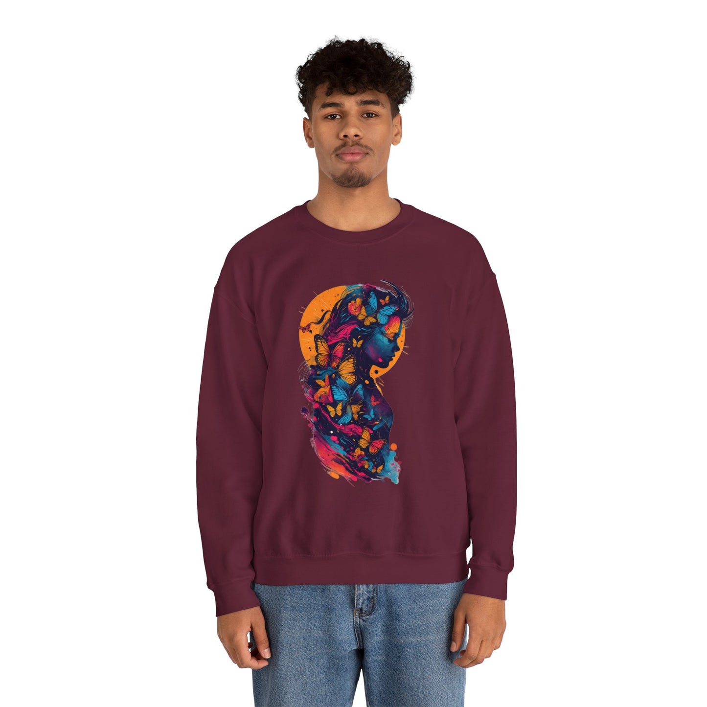 Butterfly Silhouette Crewneck Sweatshirt — Colorful Butterfly Profile Graphic