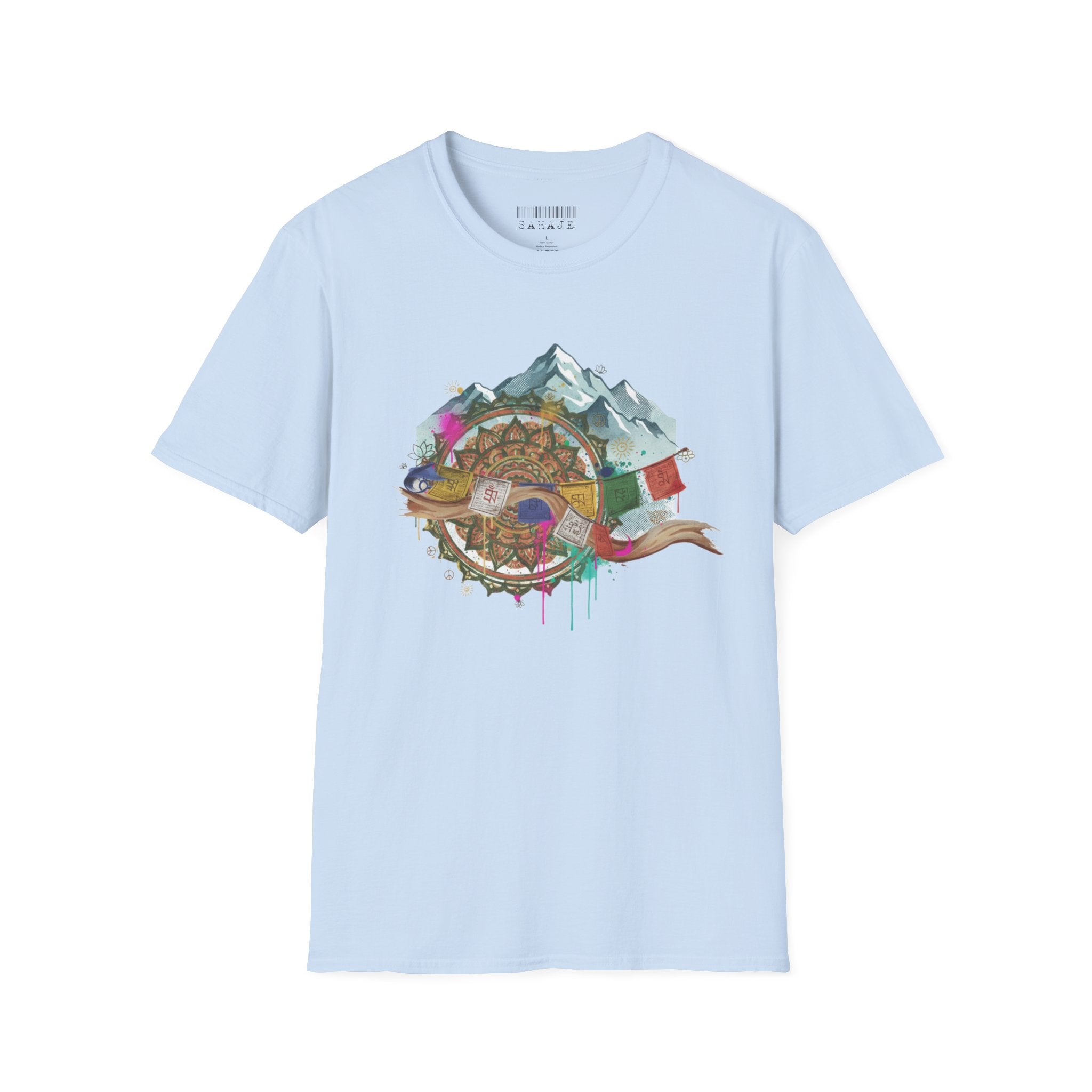Adventure Compass T-Shirt — Mountain Compass with Prayer Flags & Colorful Globe